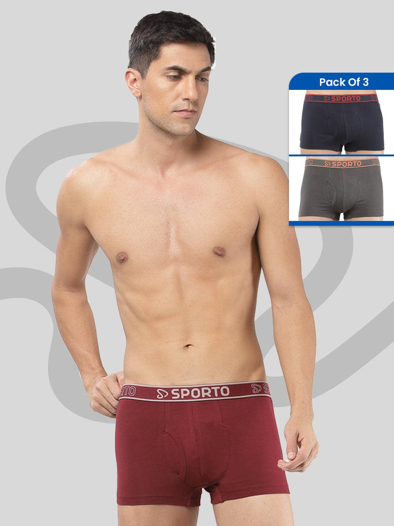 Sporto Men's Cotton Square Trunk (Pack Of 3) - Maroon + Navy + Charcoal