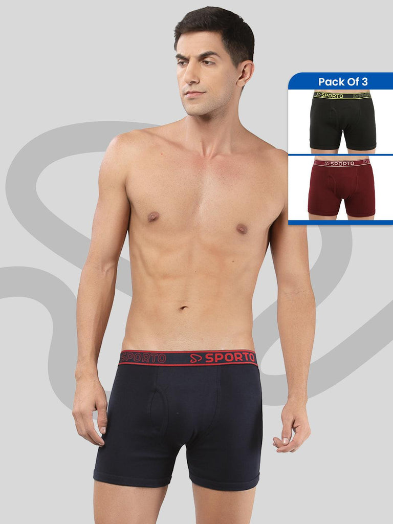 Sporto Men's Ribbed Long Trunk (Pack Of 3) - Navy + Olive + Maroon
