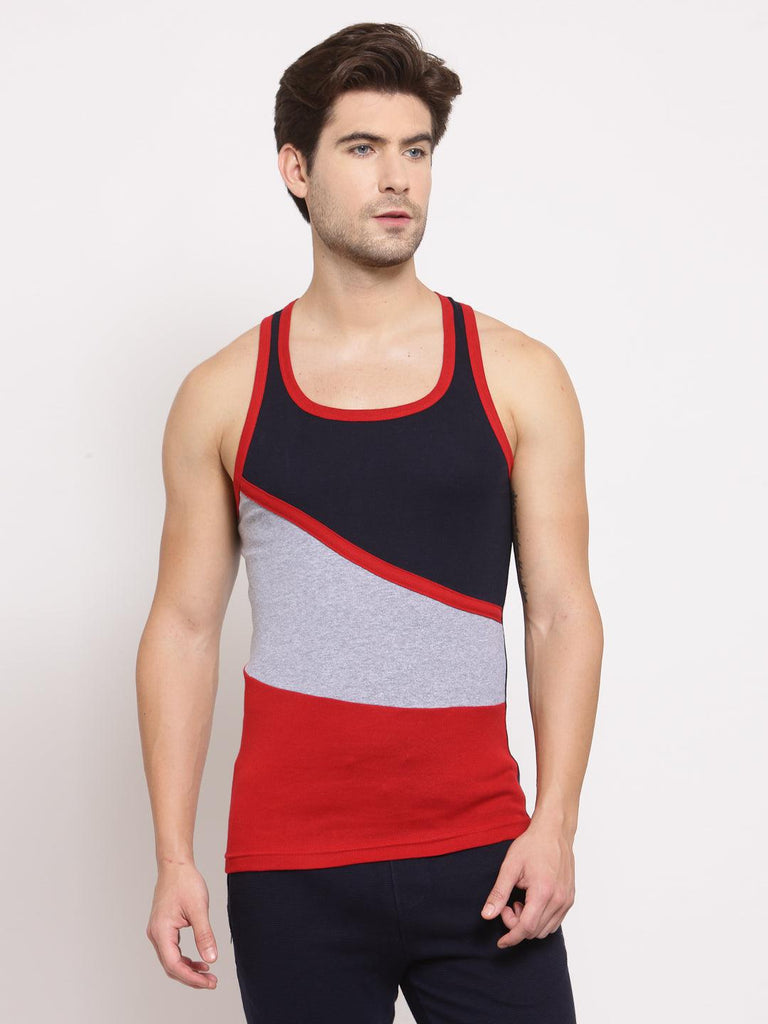 Men's 3-Colour Panel Gym Vest Pack Of 2 - (Red & Navy) - Sporto by Macho