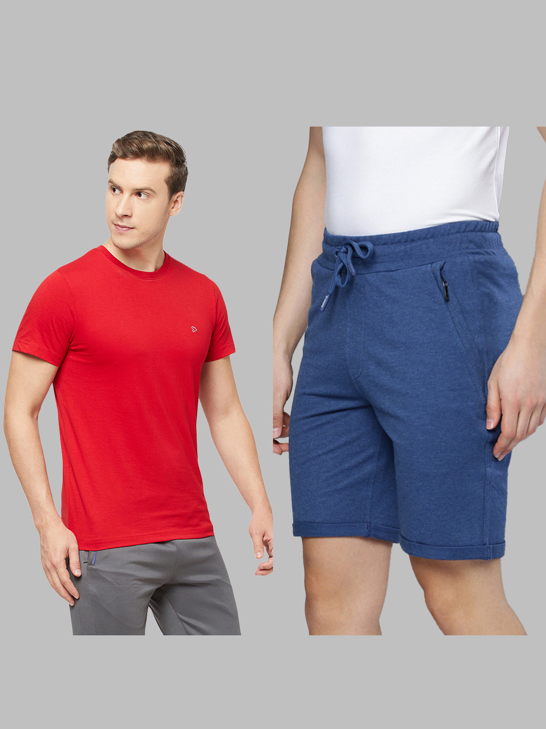 Blue Cotton Bermuda with Zipper Pockets + Red Solid T-Shirt Combo