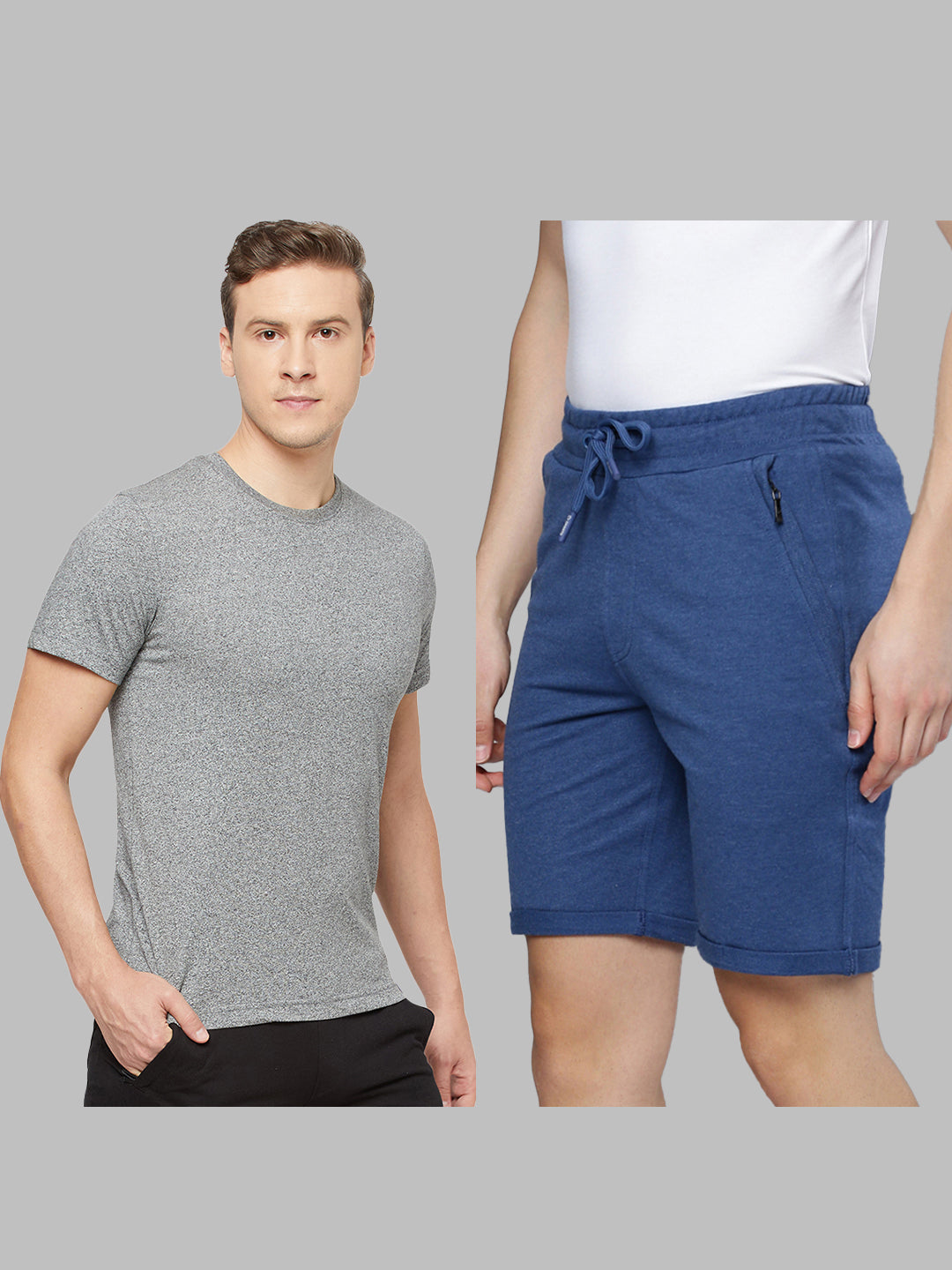 Blue Cotton  Bermuda with Zipper Pockets + Grey Solid T-Shirt Combo