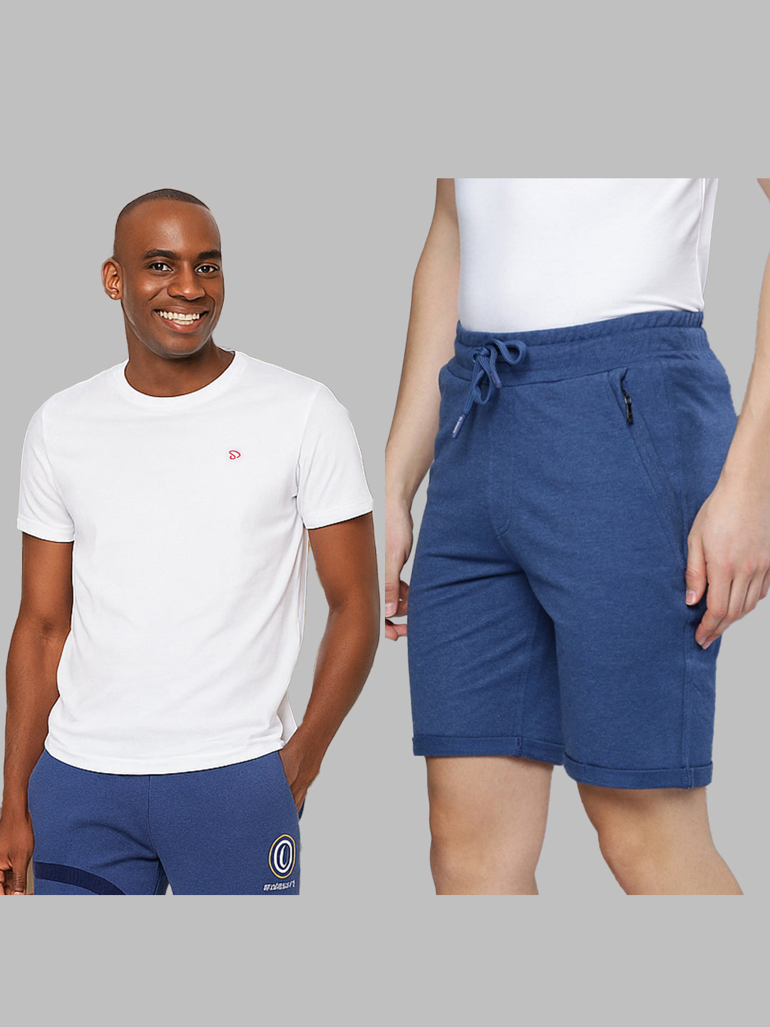 Blue Cotton Bermuda with Zipper Pockets + White Solid T-Shirt Combo