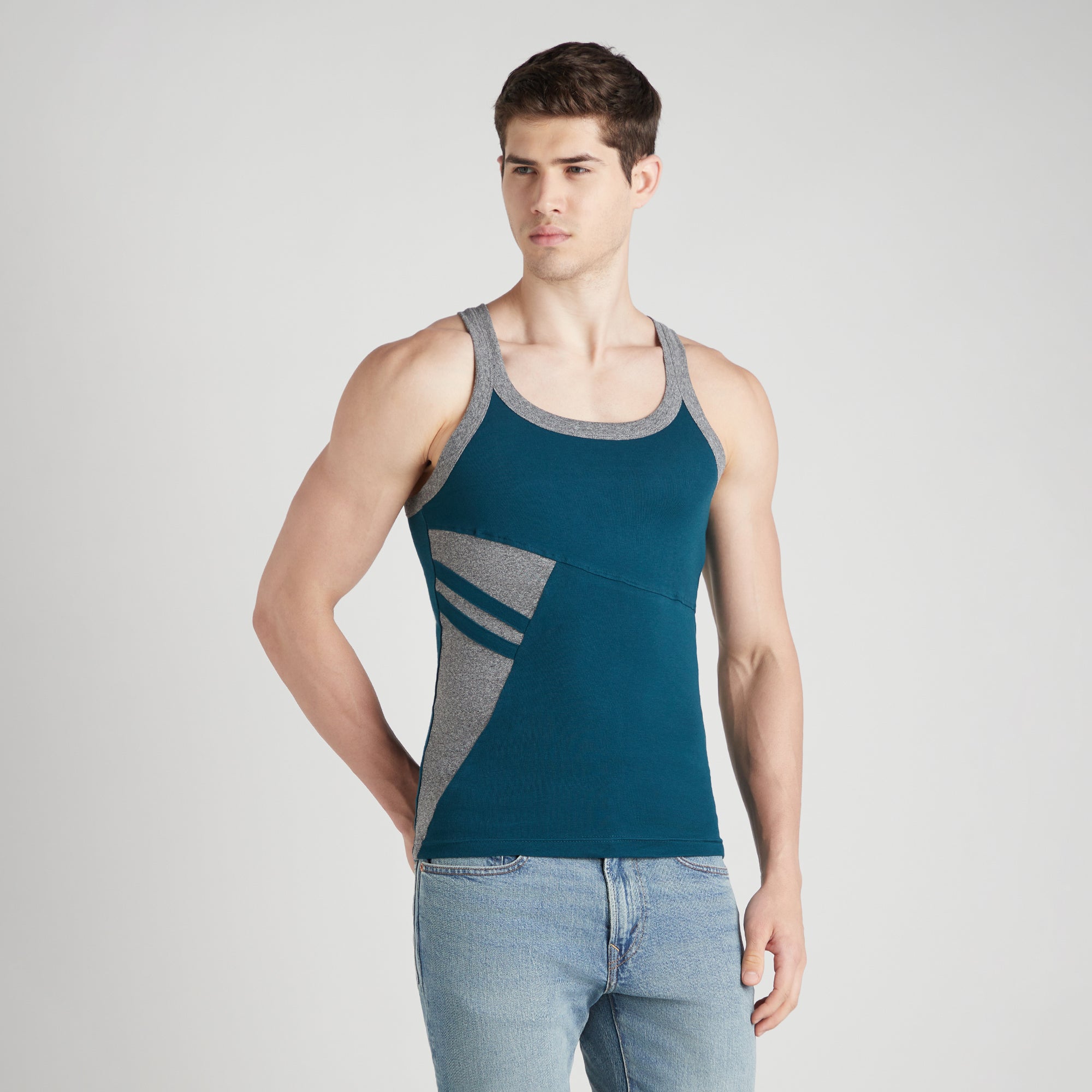 Men's Gym Vests with Side Contrast Panel - Pack of 2 (Teal & Red)