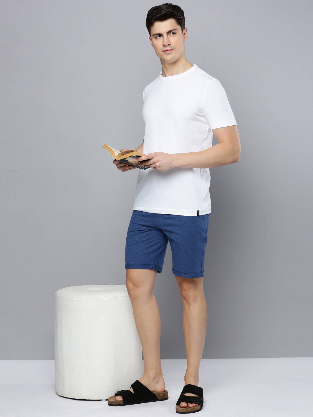 Blue Cotton Bermuda with Zipper Pockets + Red Solid T-Shirt Combo