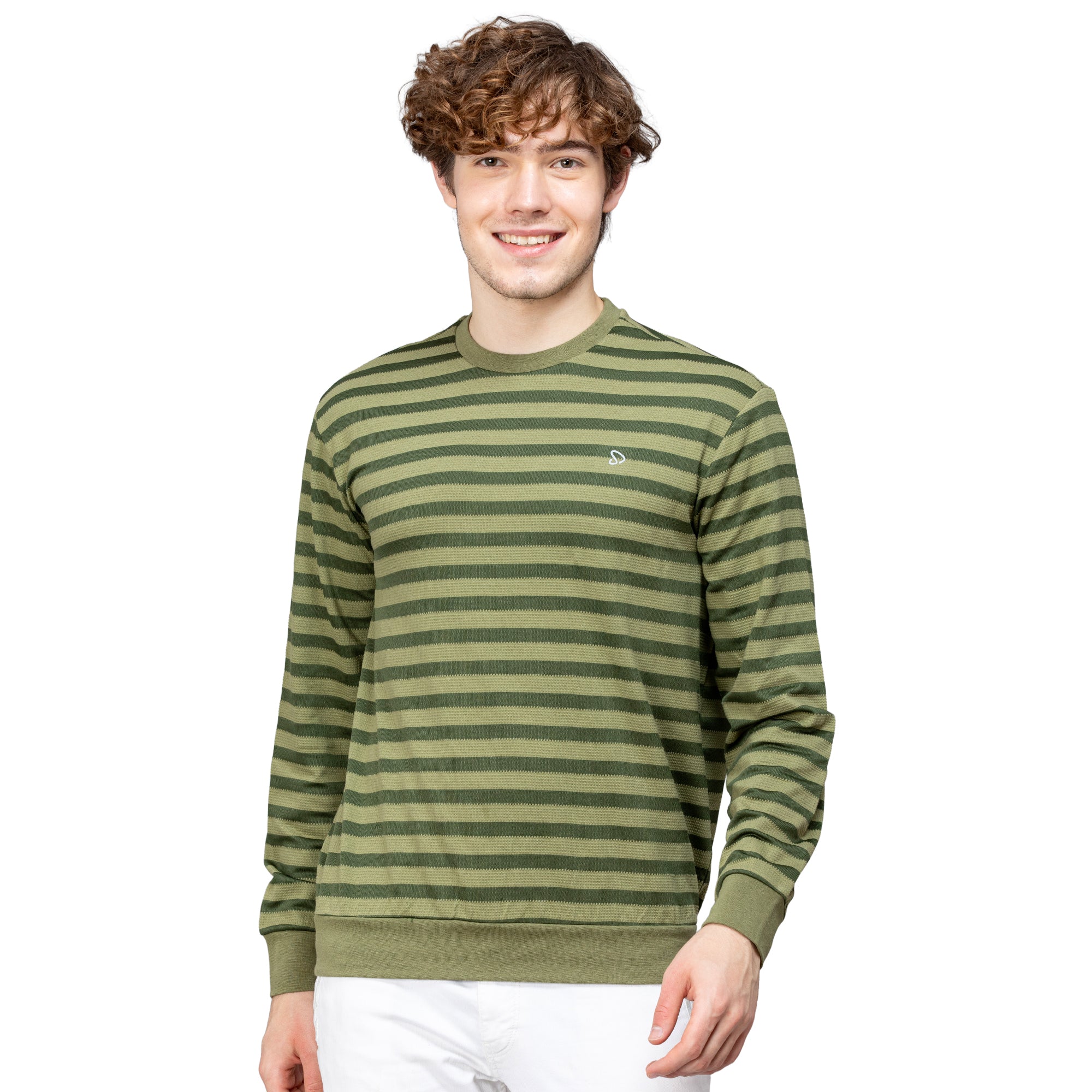 Sporto Men's Ribbed stripe Round Neck Dark Olive Sweatshirt