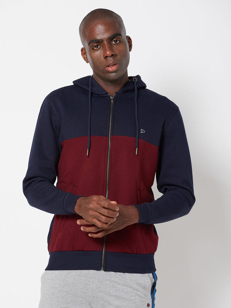 Sporto Dual Coloured Hoodie Jacket with Front Open Zipper, Navy-Burgundy