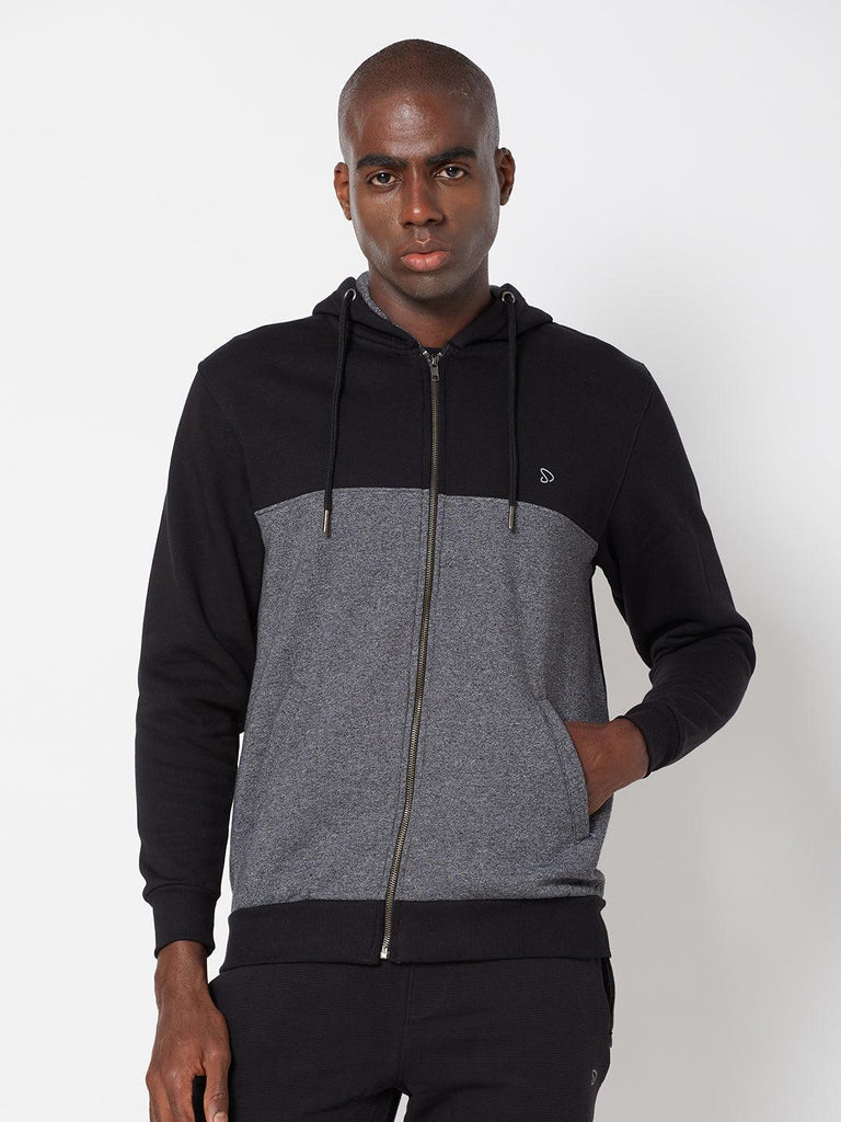 Sporto Dual Coloured Hoodie Jacket with Front Open Zipper, Black-Navy