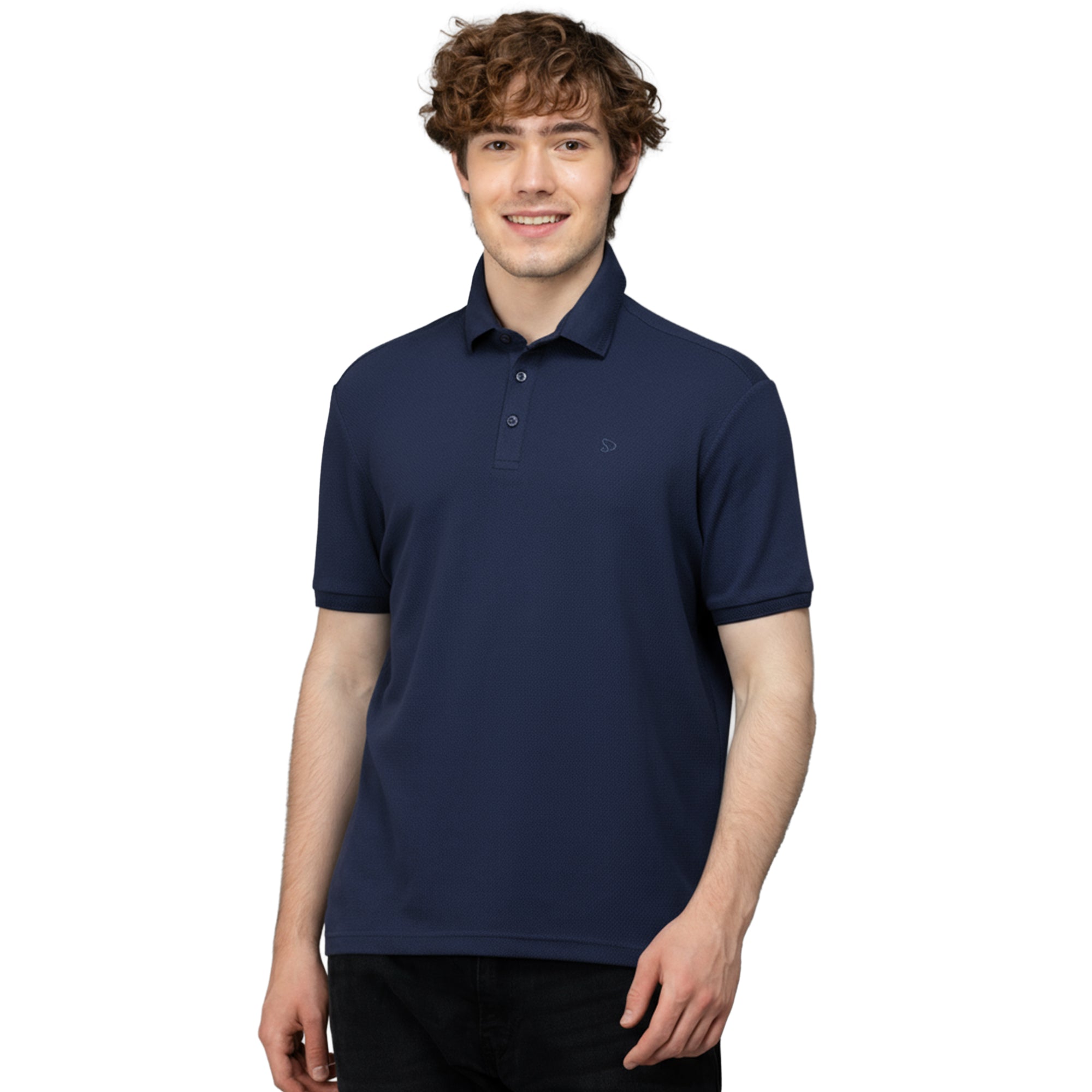 Sporto Men's Anti Wrinkle Popcorn Solid Denim Navy Polo T-shirt