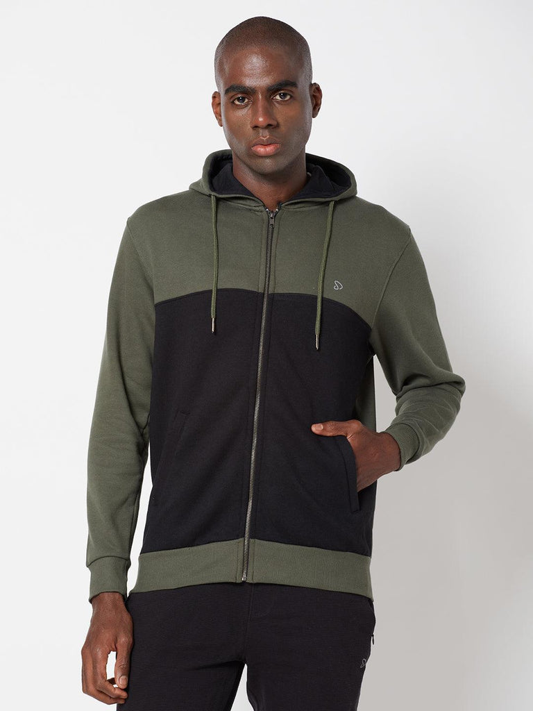 Sporto Dual Coloured Hoodie Jacket with Front Open Zipper, Olive-Black