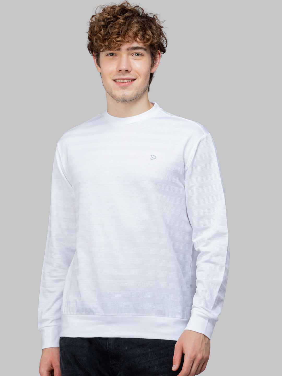 Sporto Men's Ribbed stripe Round Neck White Sweatshirt