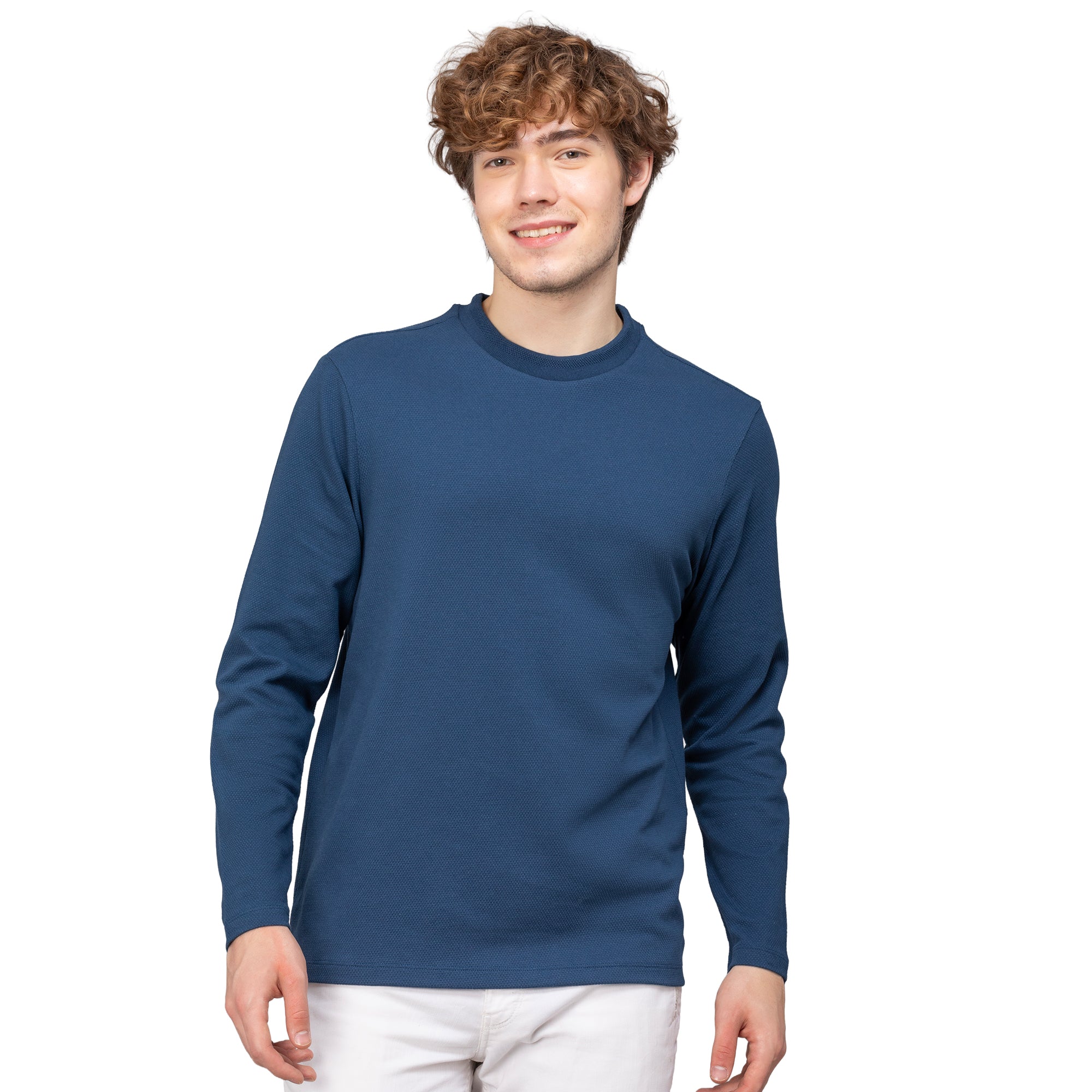 Sporto Men's Hexa-knit Round Neck Full Sleeve Denim Blue Sweatshirt