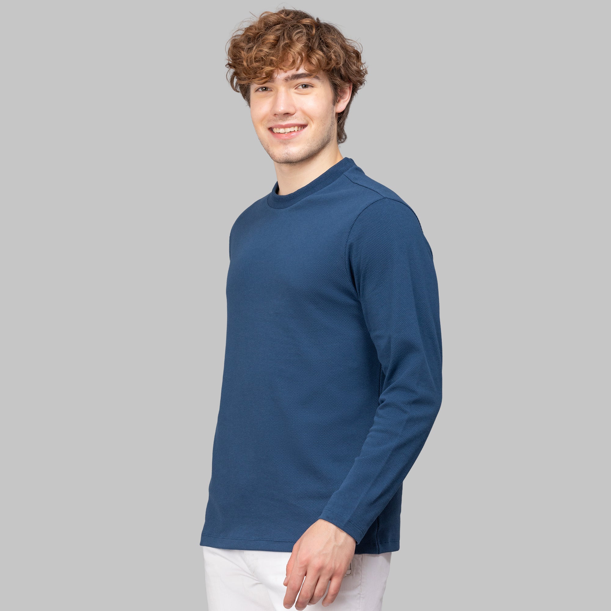 Sporto Men's Hexa-knit Round Neck Full Sleeve Denim Blue Sweatshirt