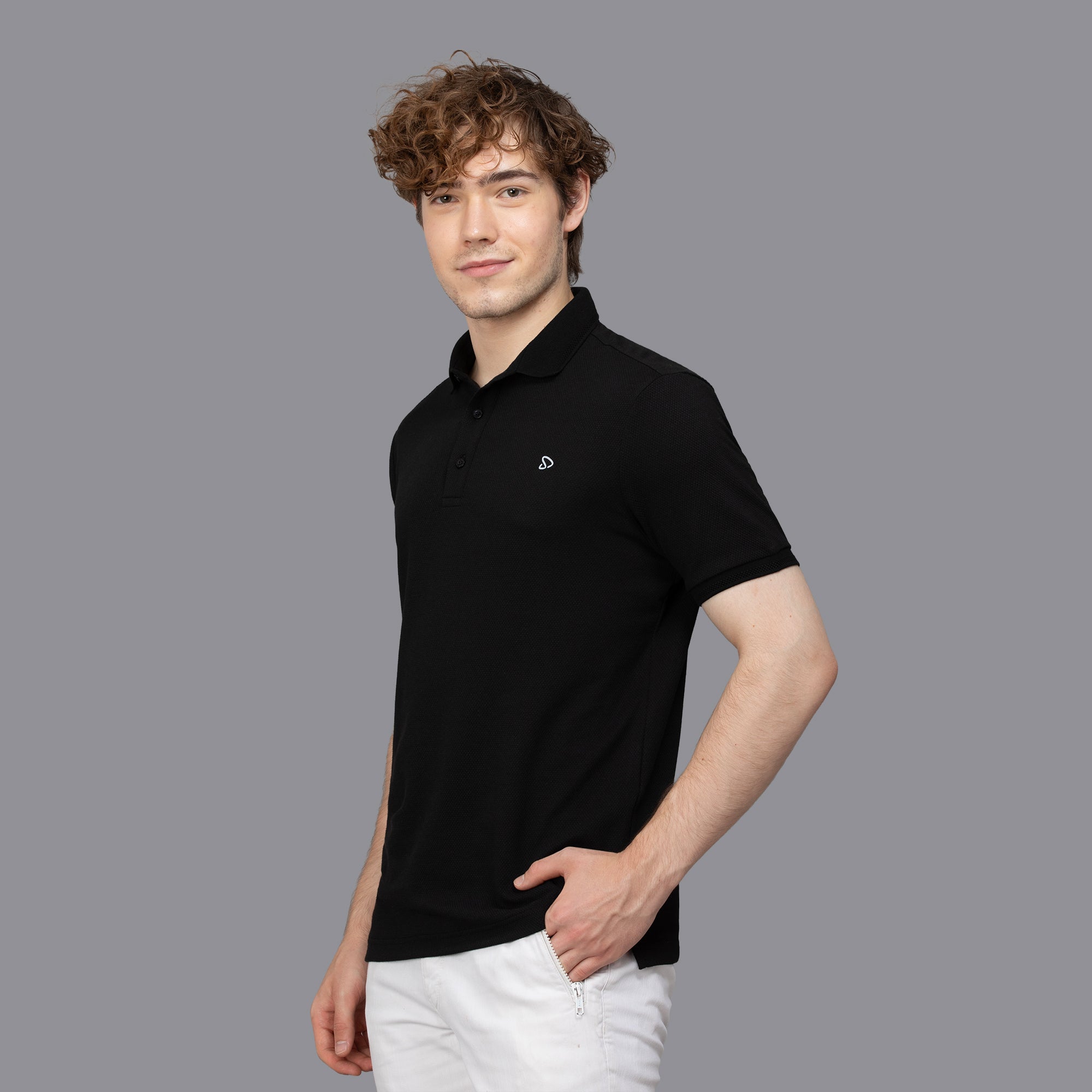 Sporto Men's Anti Wrinkle Popcorn Solid Polo Black T-shirt
