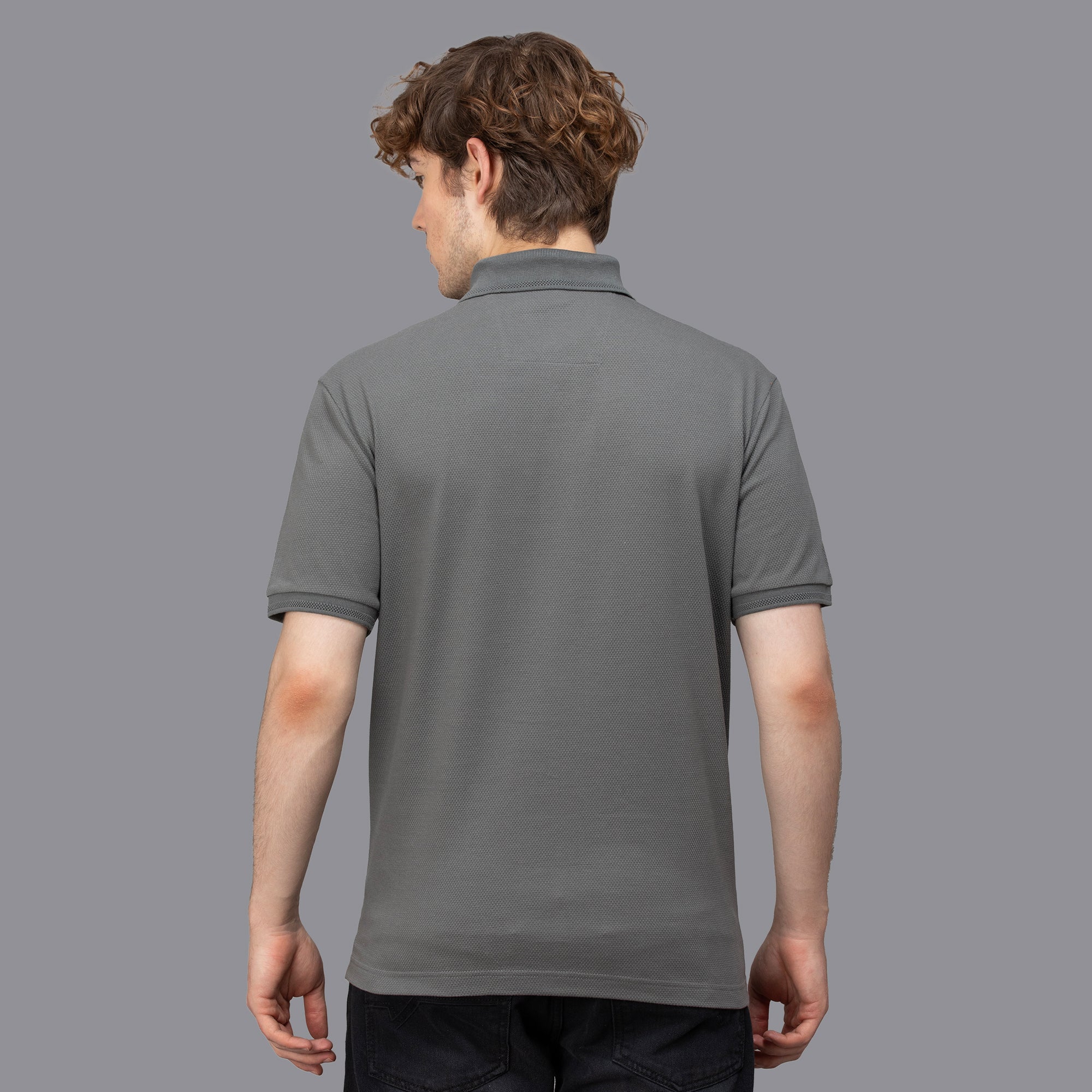 Sporto Men's Anti Wrinkle Popcorn Solid Charcoal Polo T-shirt