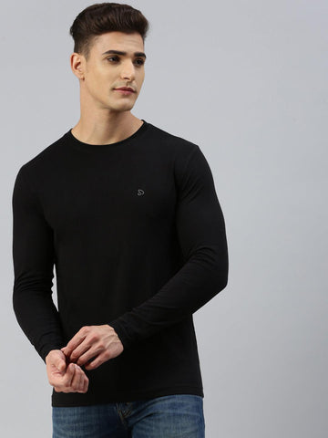 Sporto Men Round Neck Full Sleeve Solid T-Shirt | Slim Fit | Black