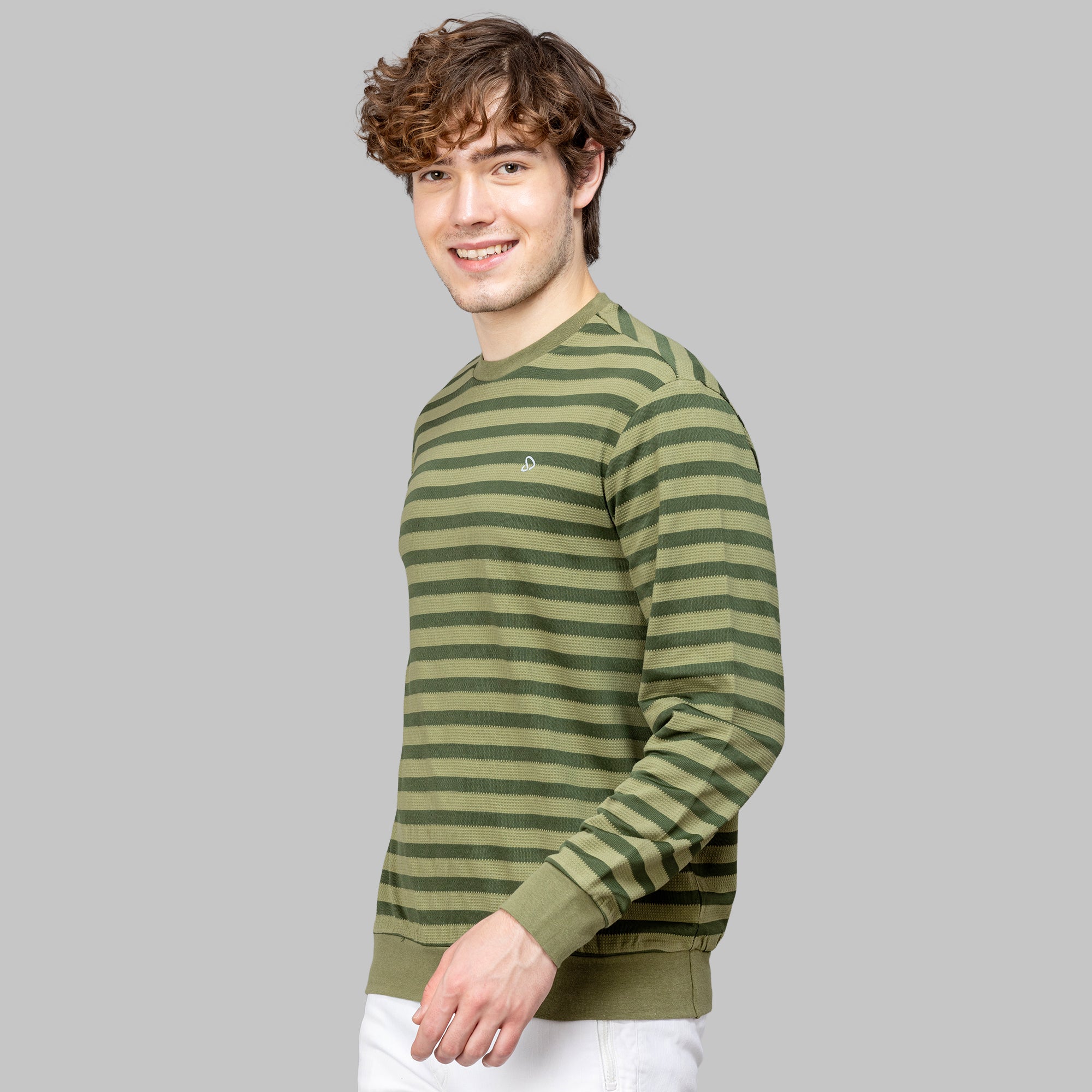 Sporto Men's Ribbed stripe Round Neck Dark Olive Sweatshirt