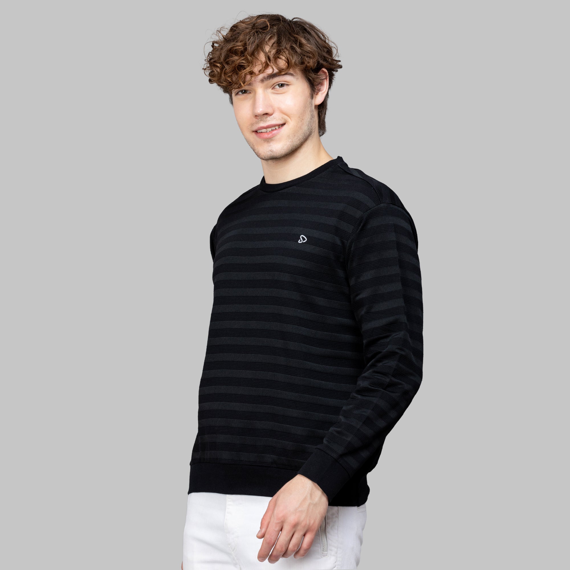 Sporto Men's Ribbed stripe Round Neck Black Sweatshirt