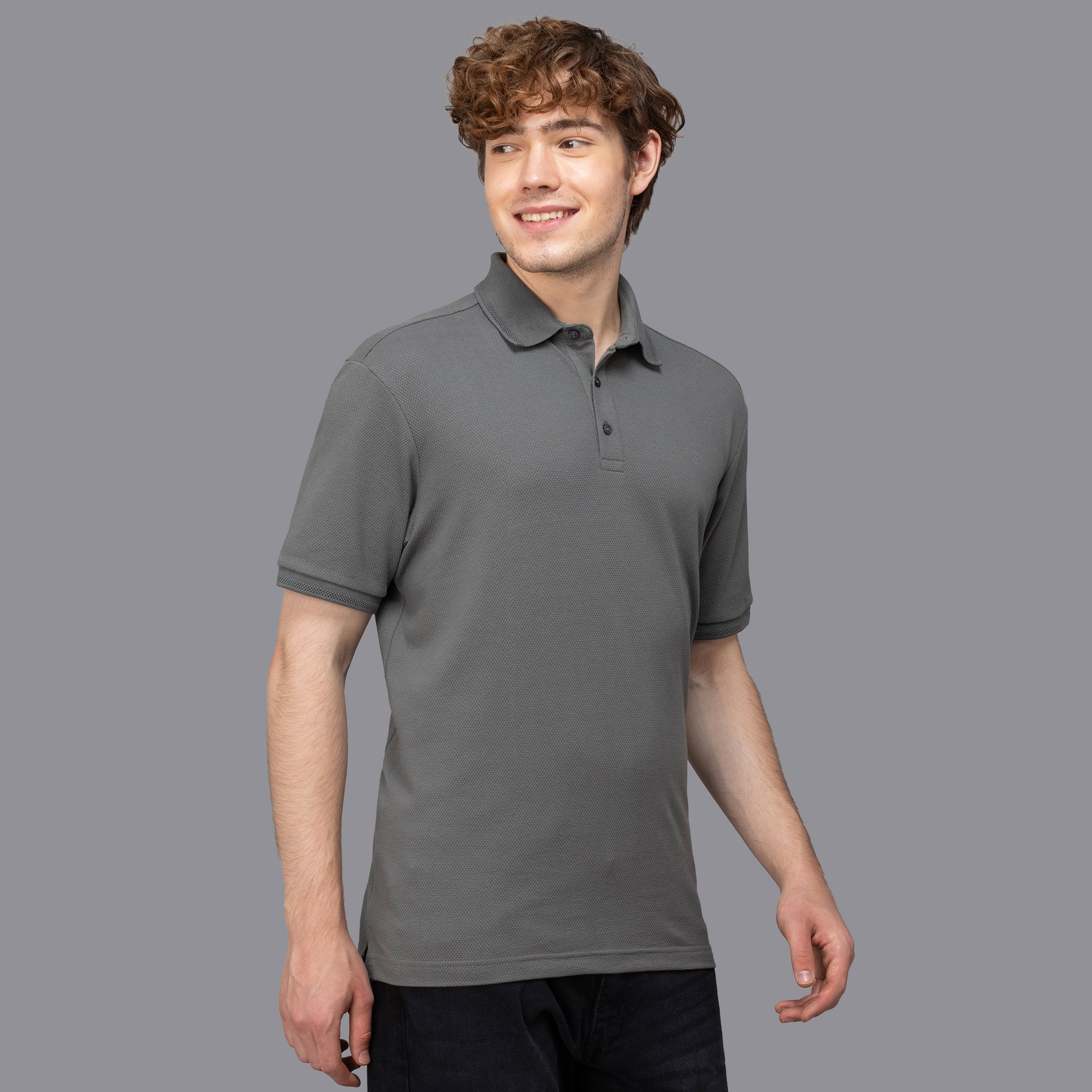 Sporto Men's Anti Wrinkle Popcorn Solid Charcoal Polo T-shirt