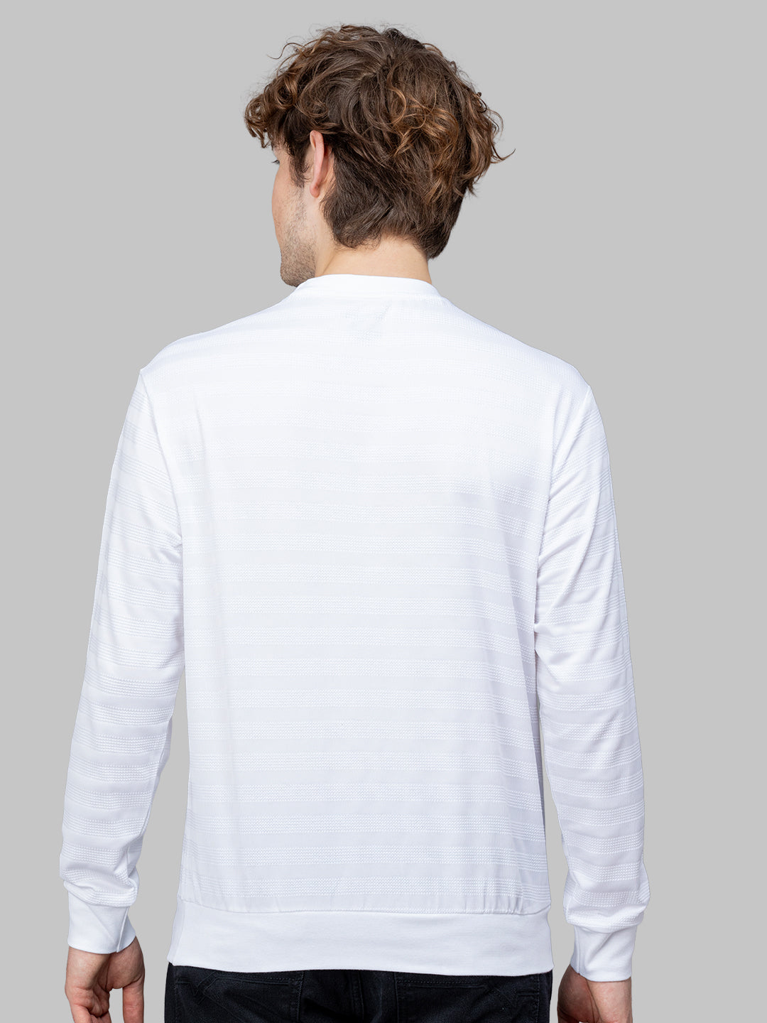 Sporto Men's Ribbed stripe Round Neck White Sweatshirt