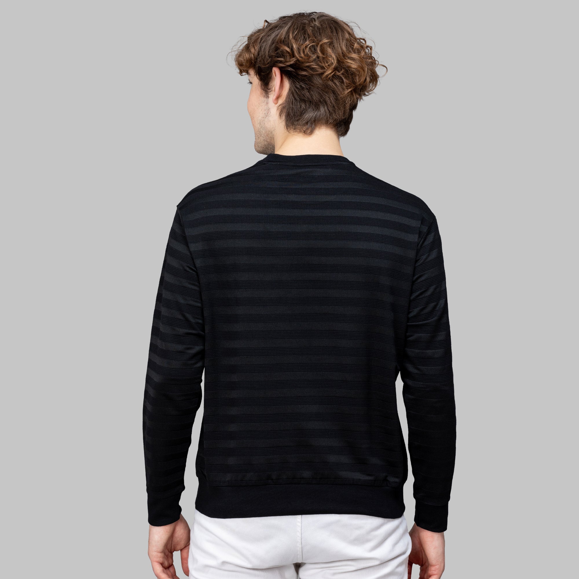 Sporto Men's Ribbed stripe Round Neck Black Sweatshirt