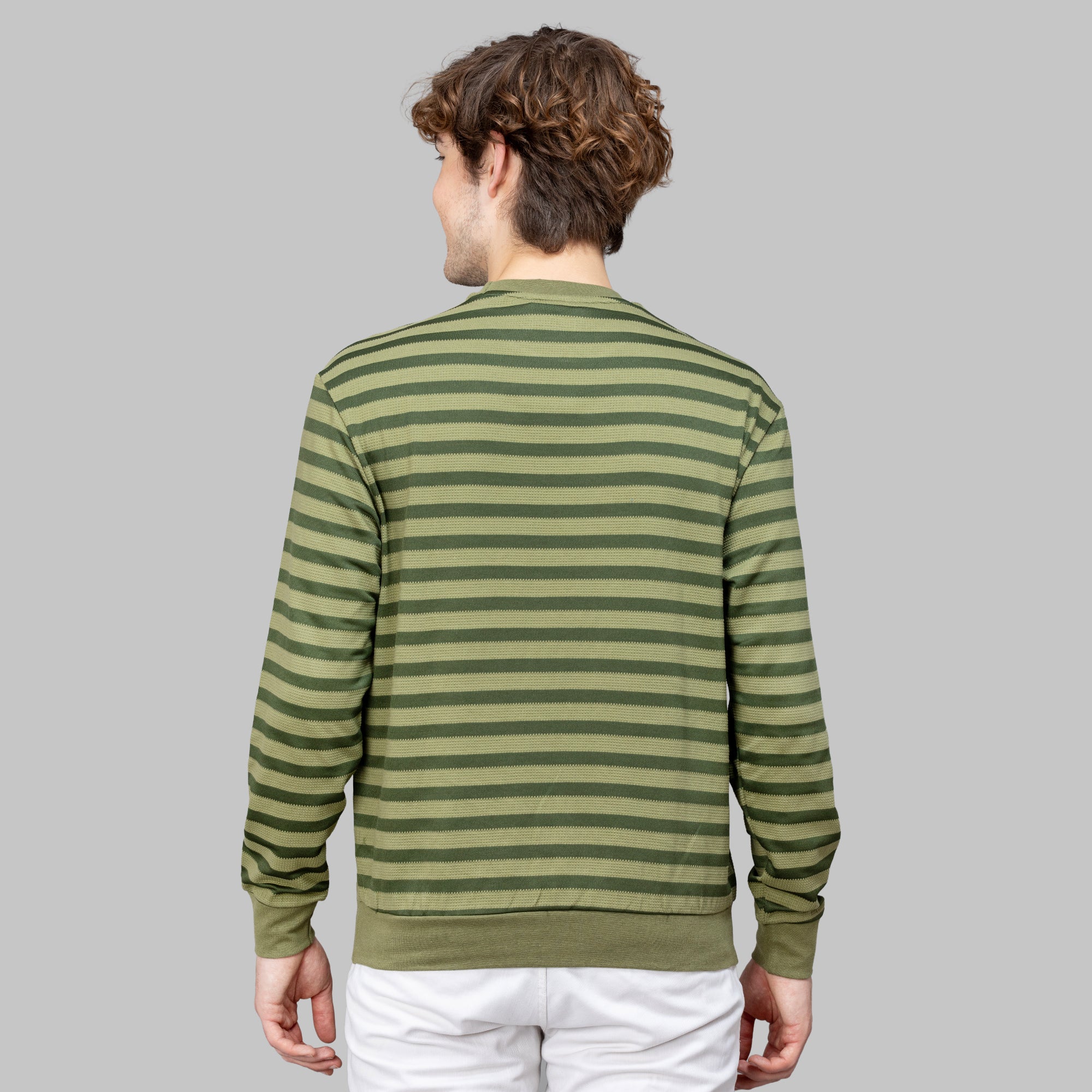 Sporto Men's Ribbed stripe Round Neck Dark Olive Sweatshirt