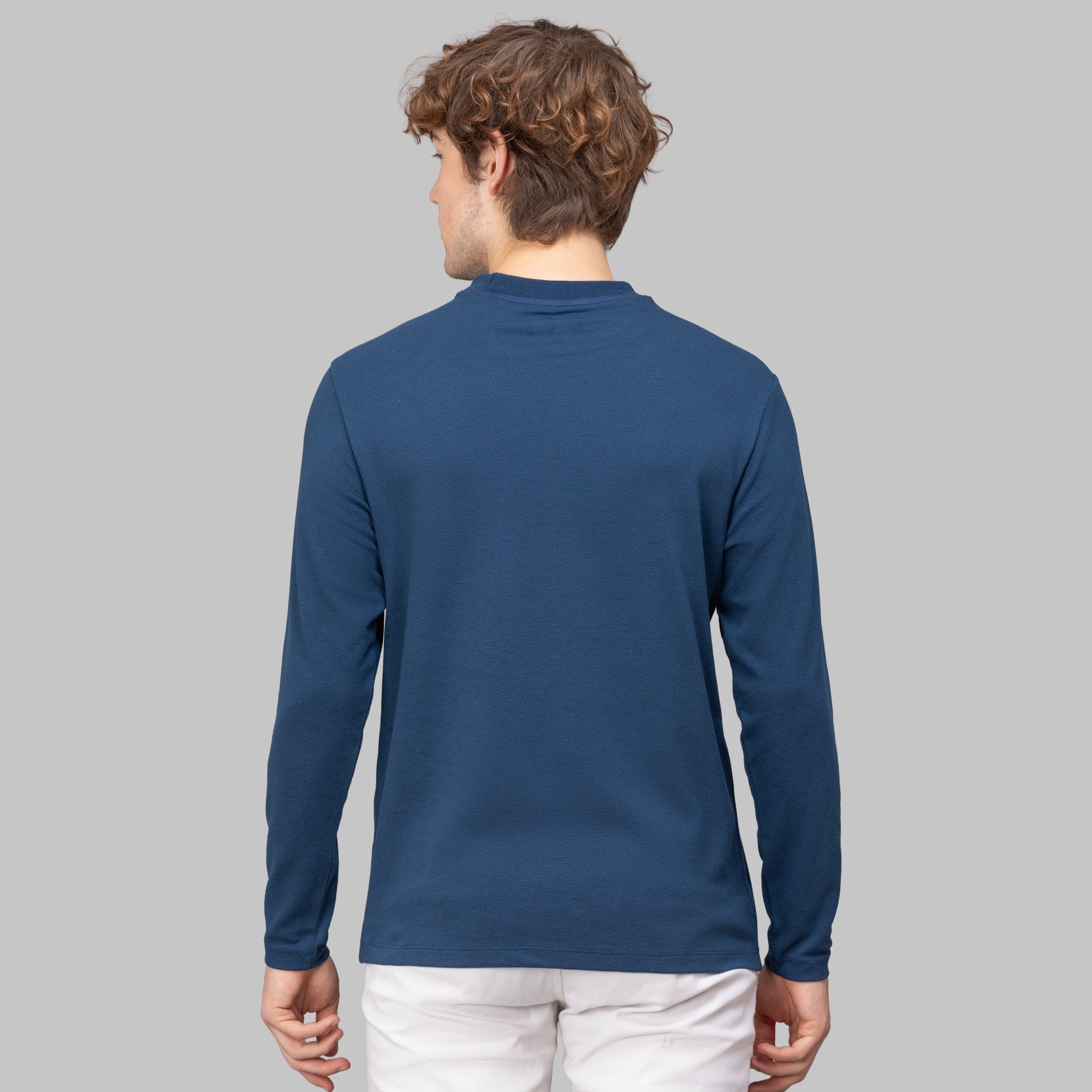 Sporto Men's Hexa-knit Round Neck Full Sleeve Denim Blue Sweatshirt