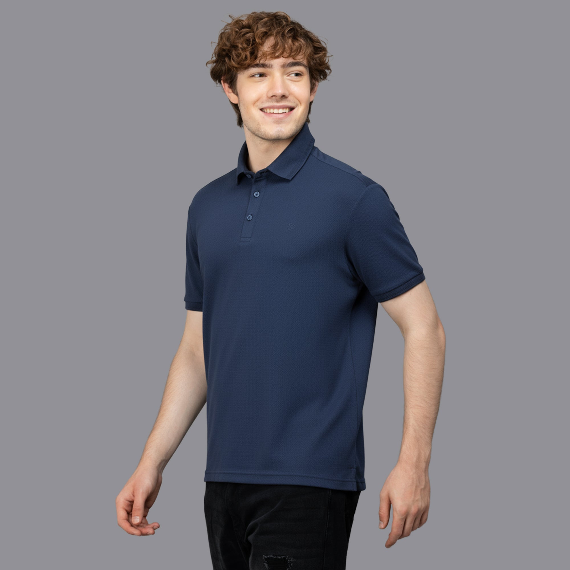 Sporto Men's Anti Wrinkle Popcorn Solid Denim Navy Polo T-shirt