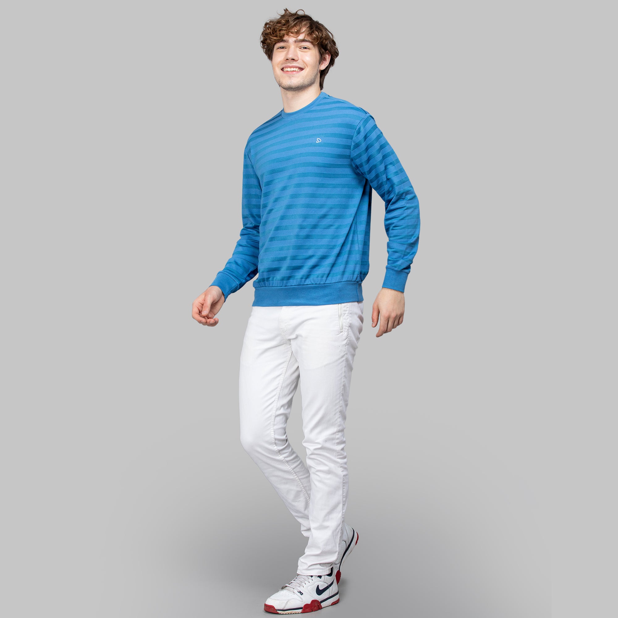 Sporto Men's Ribbed stripe Round Neck Blue Heaven Sweatshirt