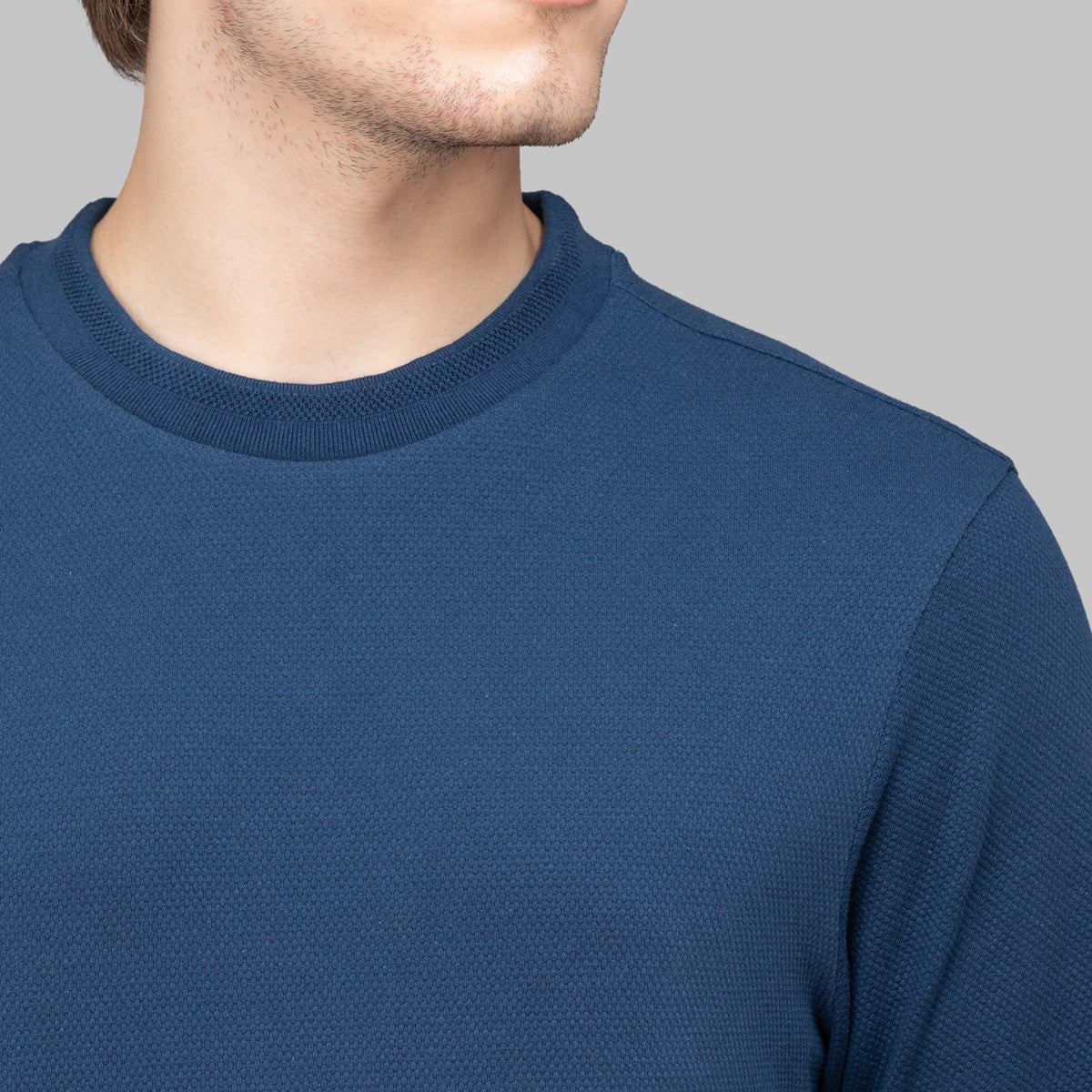 Sporto Men's Hexa-knit Round Neck Full Sleeve Denim Blue Sweatshirt
