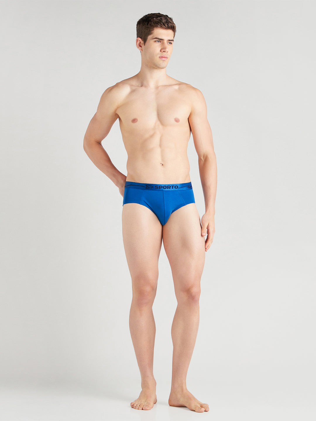 Sporto Metal Brief for Men | Cotton Spandex Mid-Rise Brief with Soft Shiny Waistband | Pack of 3 (Royal Blue, Sky Blue & Blue Slate)