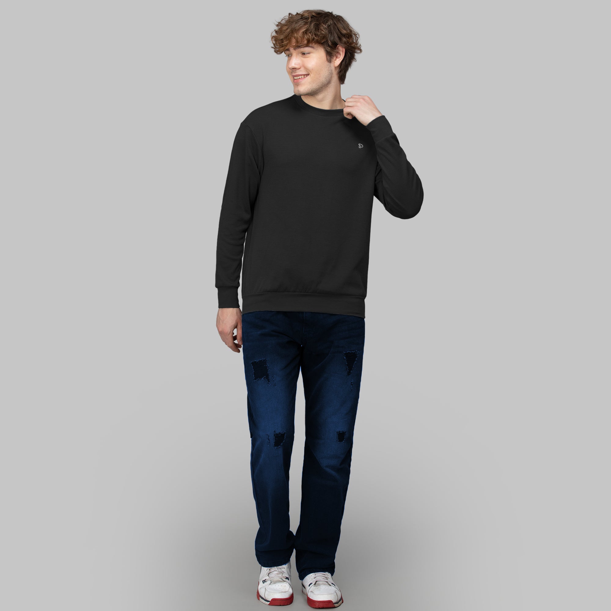 Sporto Men's Hexa-knit Round Neck Full Sleeve Black Sweatshirt