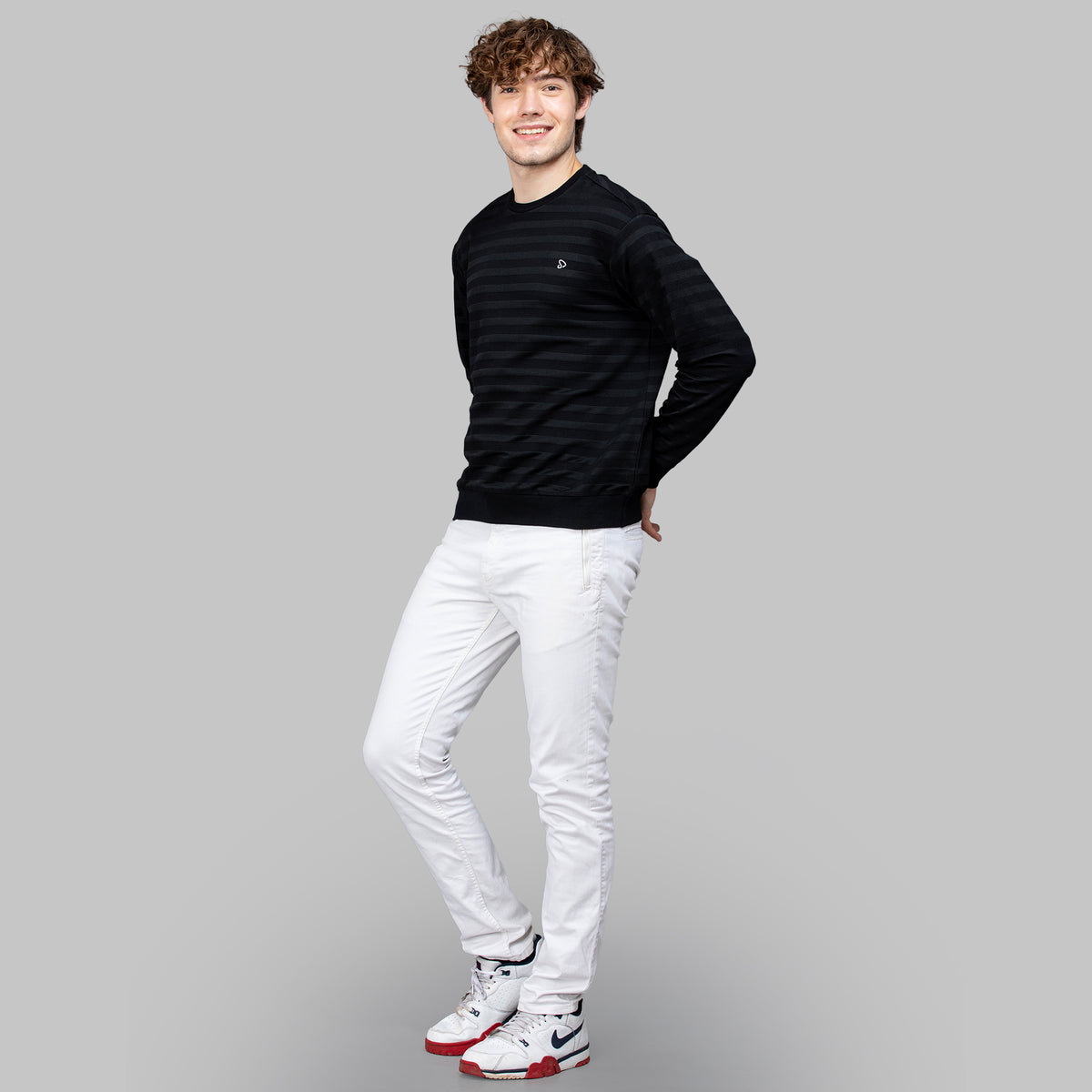 Sporto Men's Ribbed stripe Round Neck Black Sweatshirt