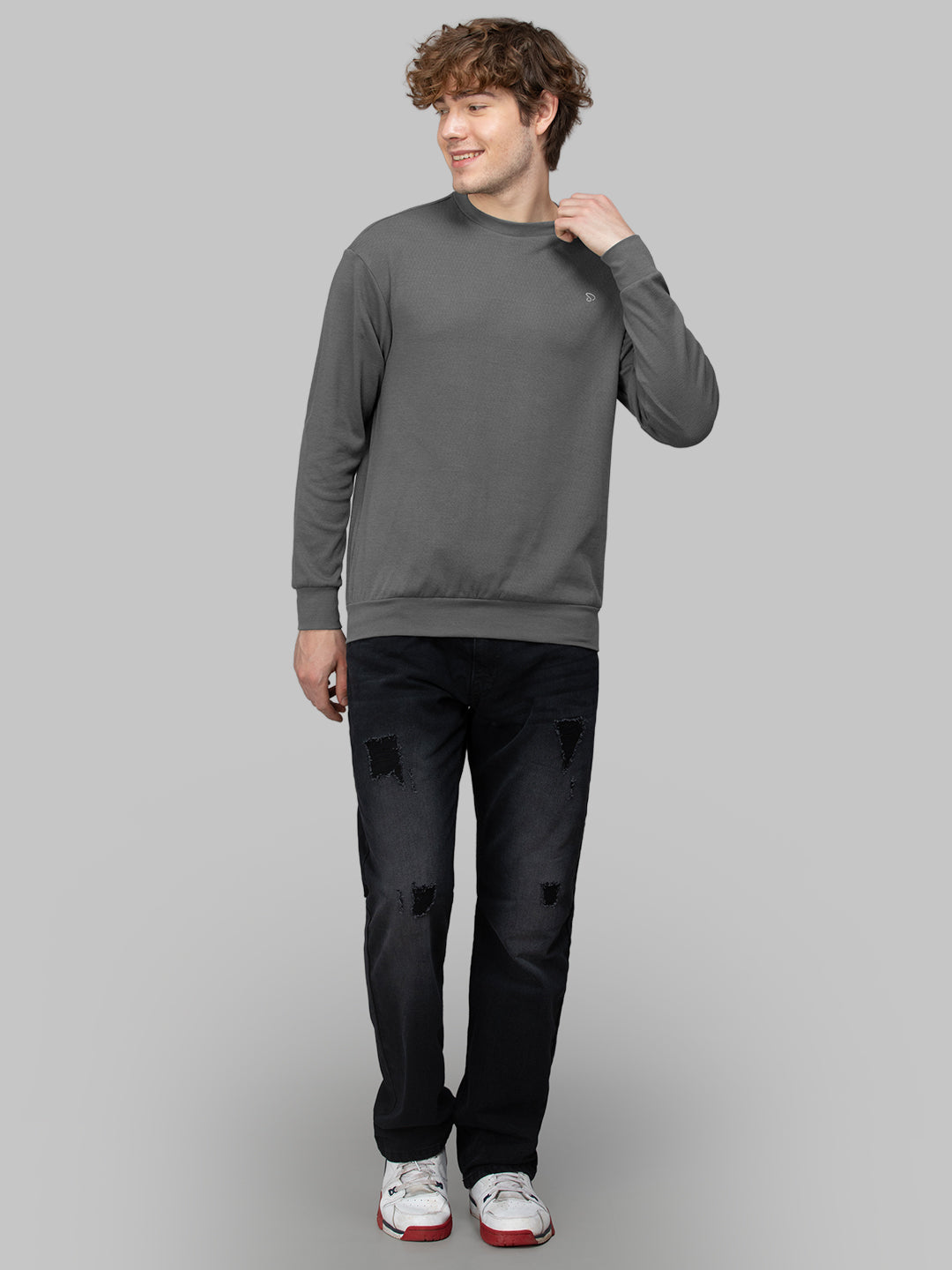 Sporto Men's Hexa-knit Round Neck Full Sleeve Charcoal Sweatshirt