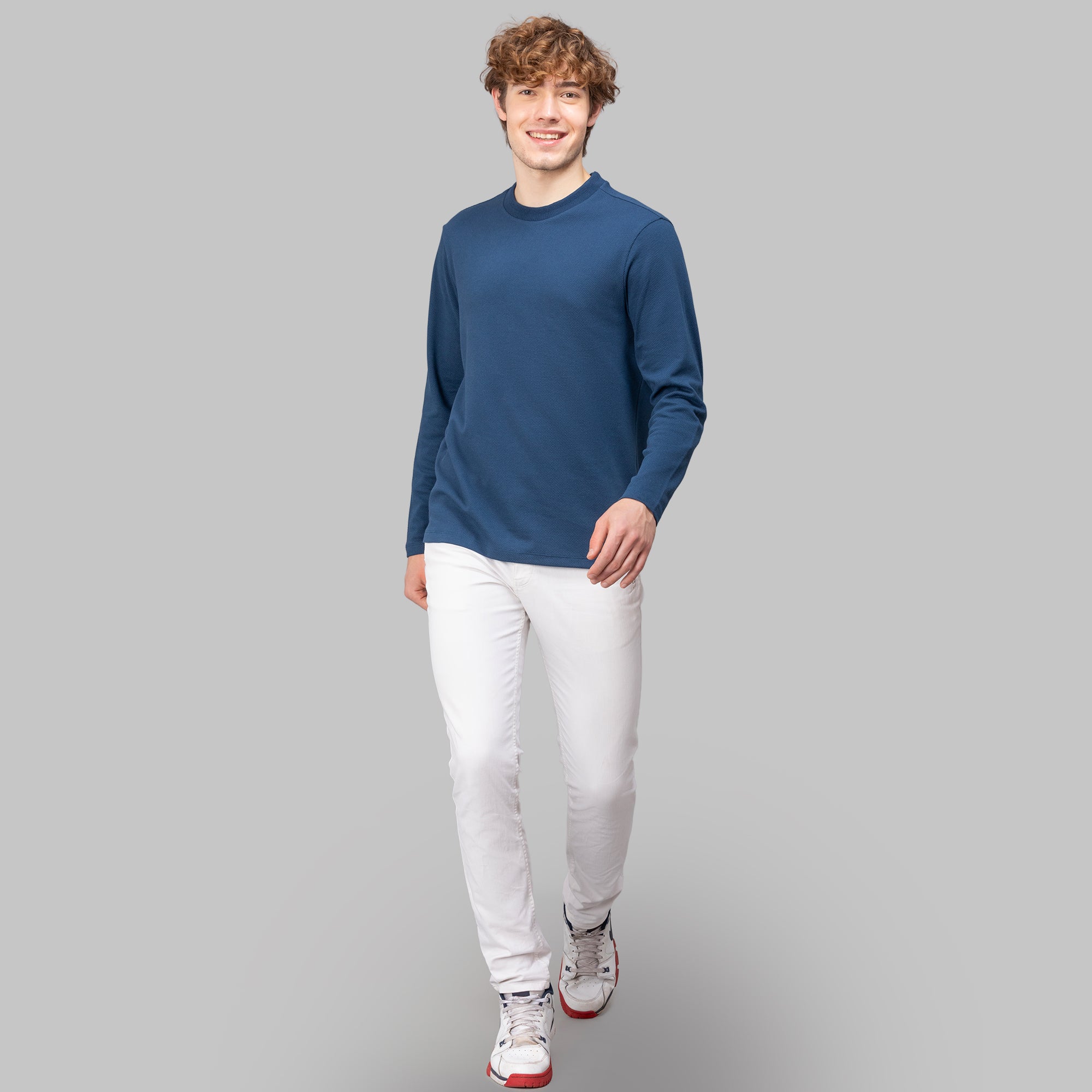 Sporto Men's Hexa-knit Round Neck Full Sleeve Denim Blue Sweatshirt