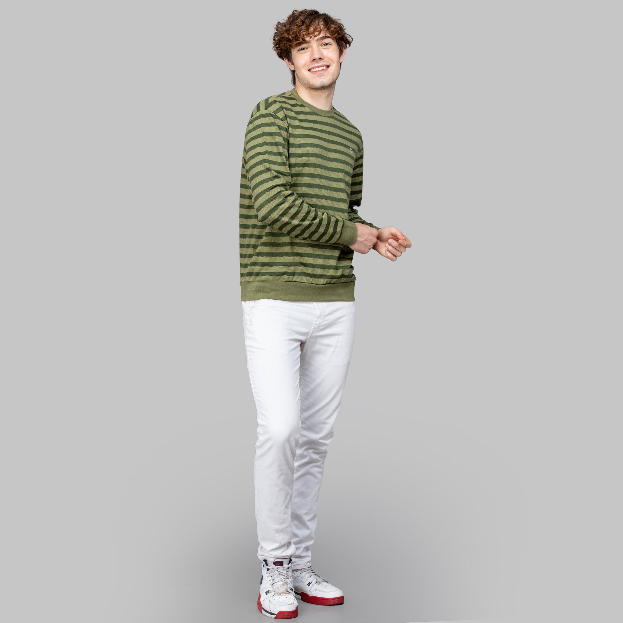 Sporto Men's Ribbed stripe Round Neck Dark Olive Sweatshirt
