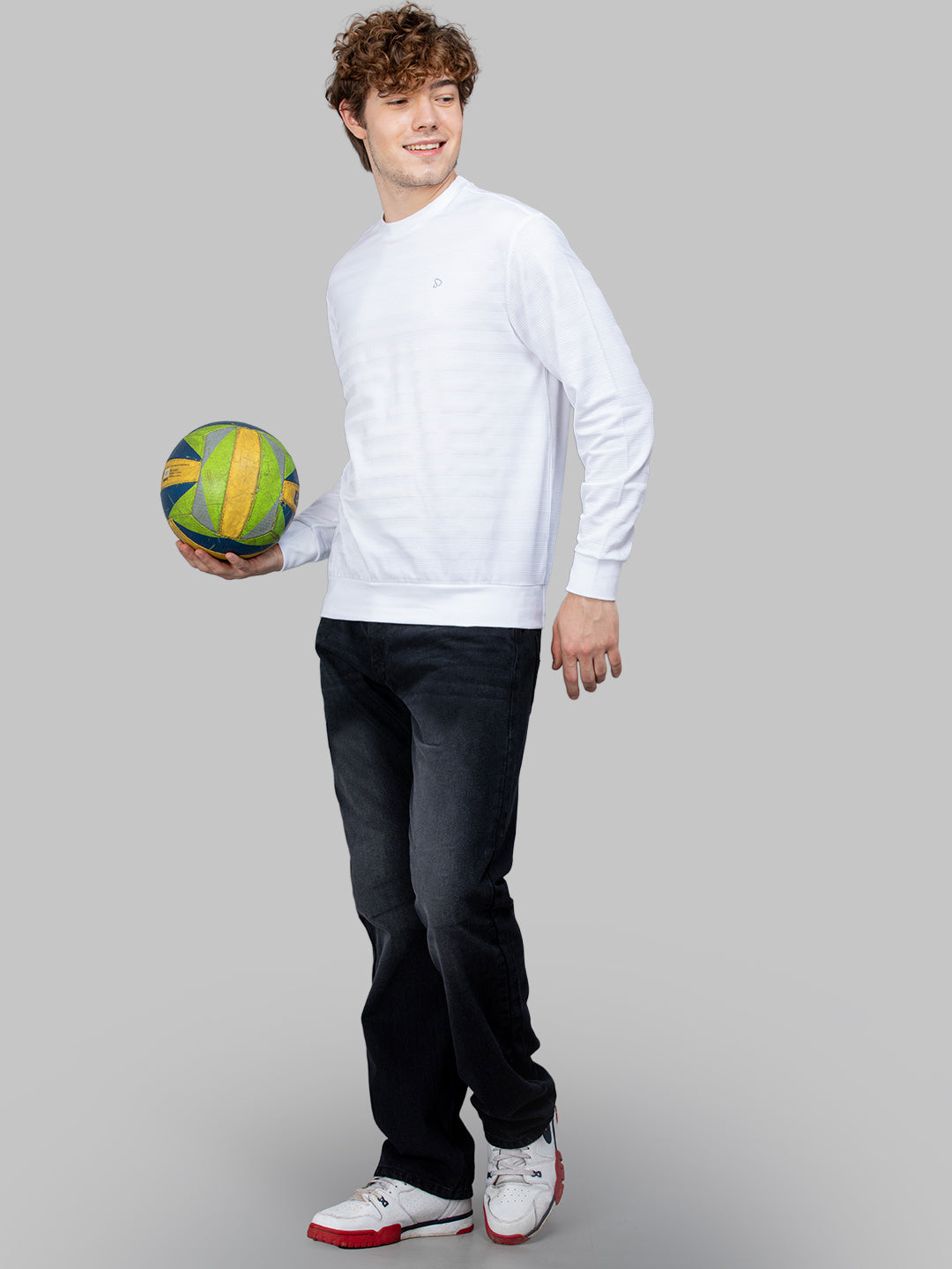 Sporto Men's Ribbed stripe Round Neck White Sweatshirt