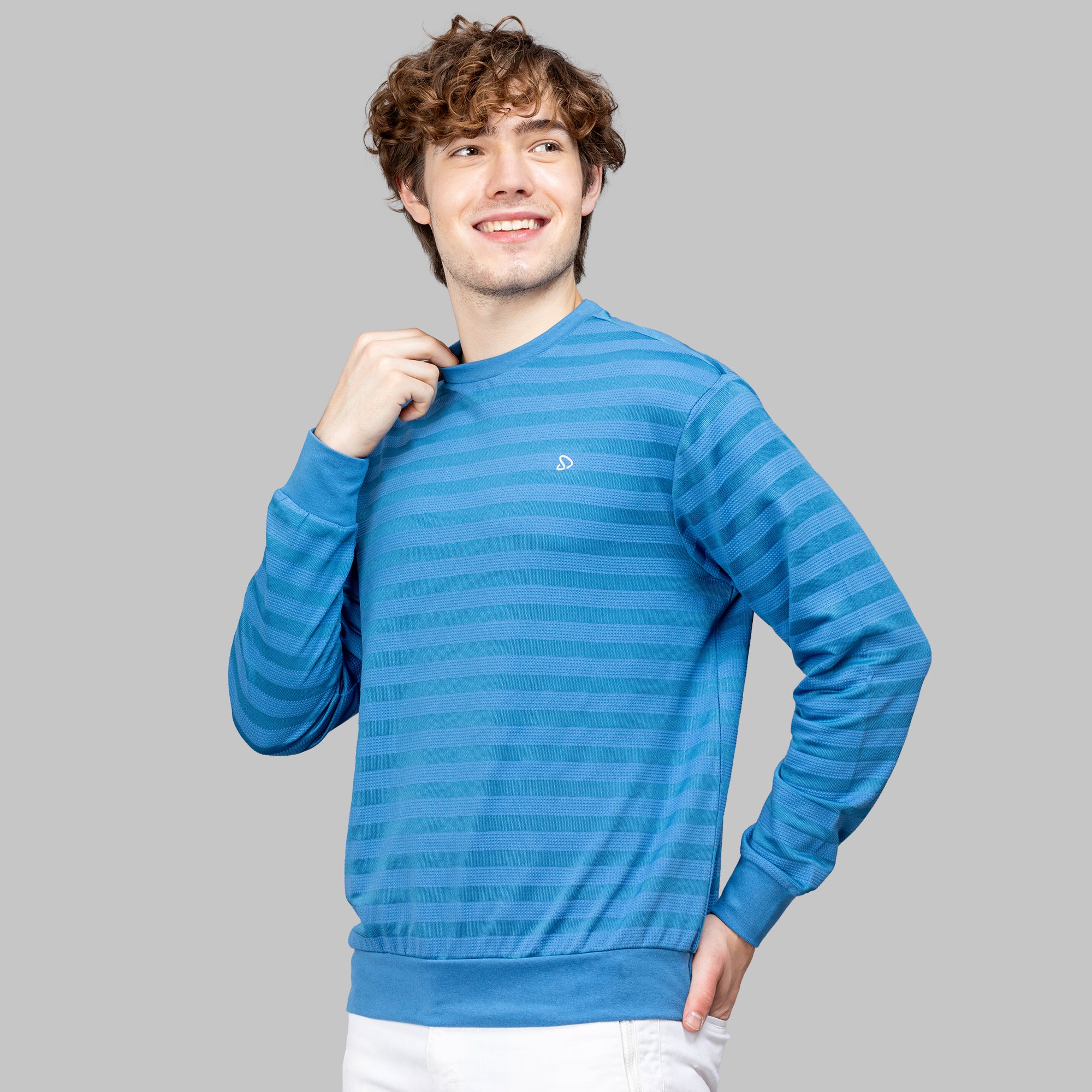 Sporto Men's Ribbed stripe Round Neck Blue Heaven Sweatshirt