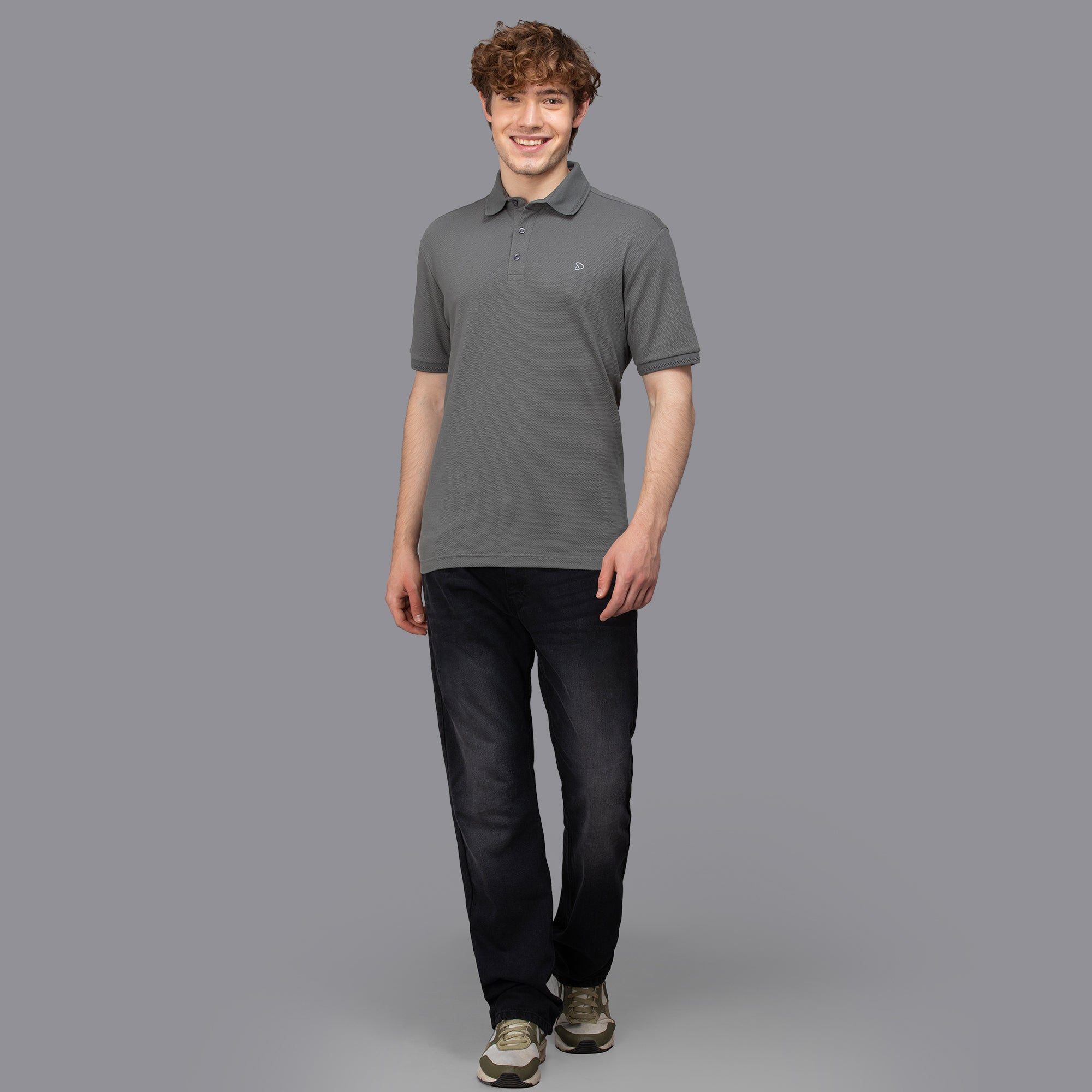 Sporto Men's Anti Wrinkle Popcorn Solid Charcoal Polo T-shirt