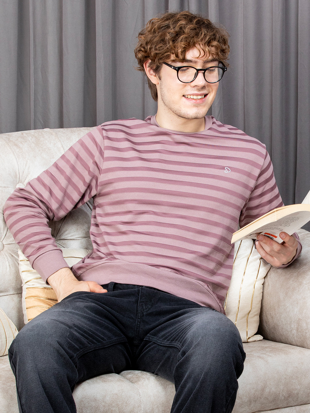 Sporto Men's Ribbed stripe Round Neck Onion Sweatshirt