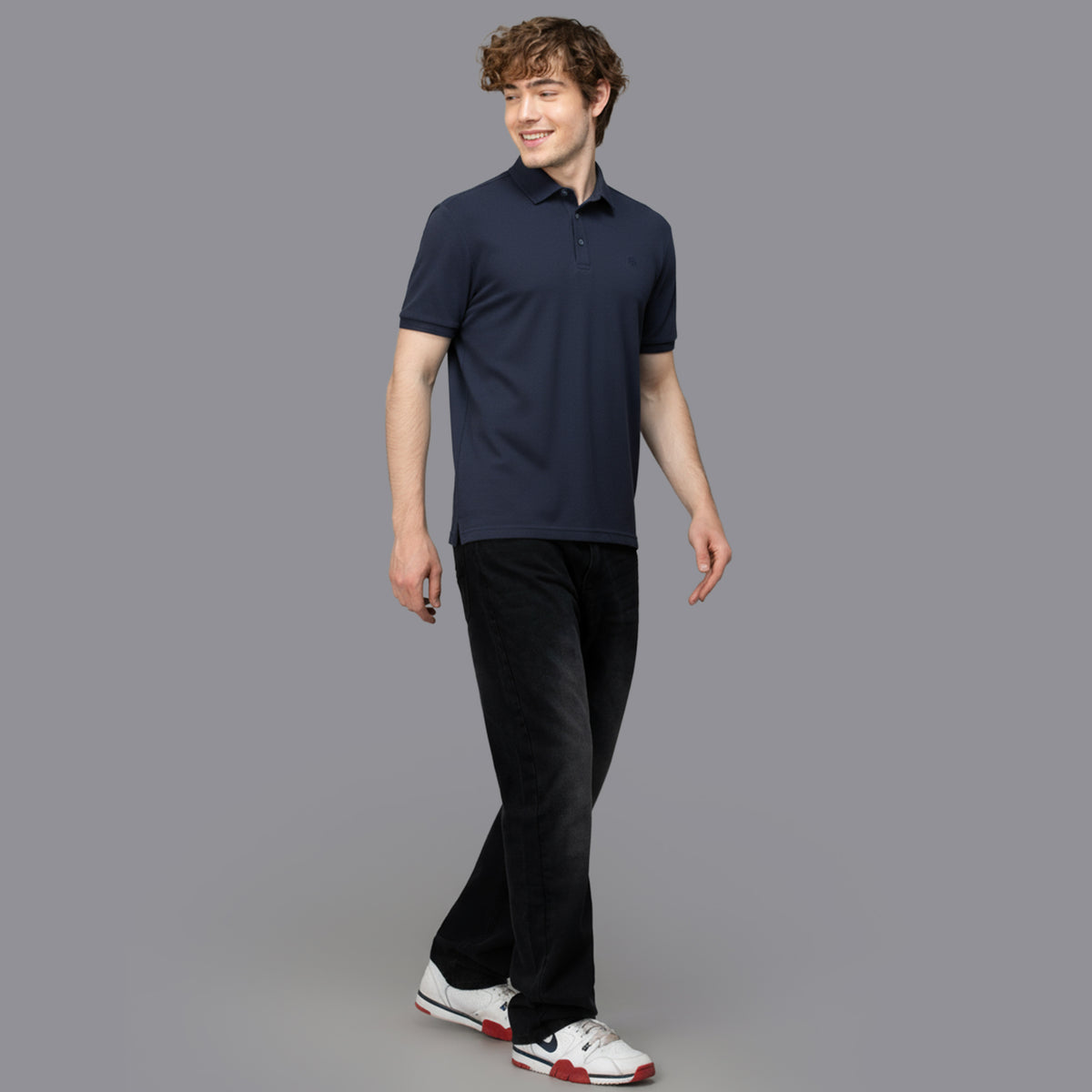 Sporto Men's Anti Wrinkle Popcorn Solid Denim Navy Polo T-shirt