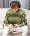 Sporto Men's Ribbed stripe Round Neck Dark Olive Sweatshirt