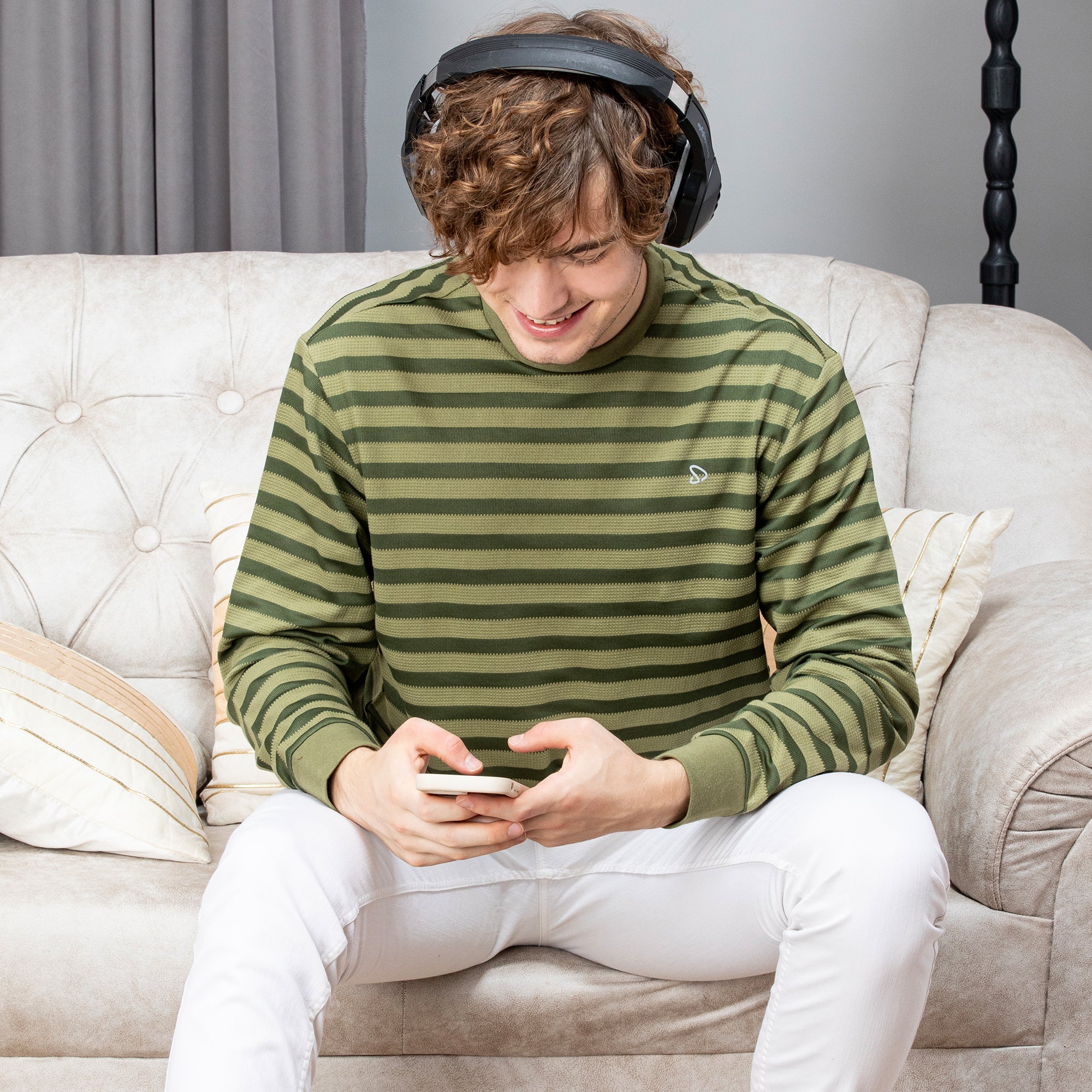 Sporto Men's Ribbed stripe Round Neck Dark Olive Sweatshirt