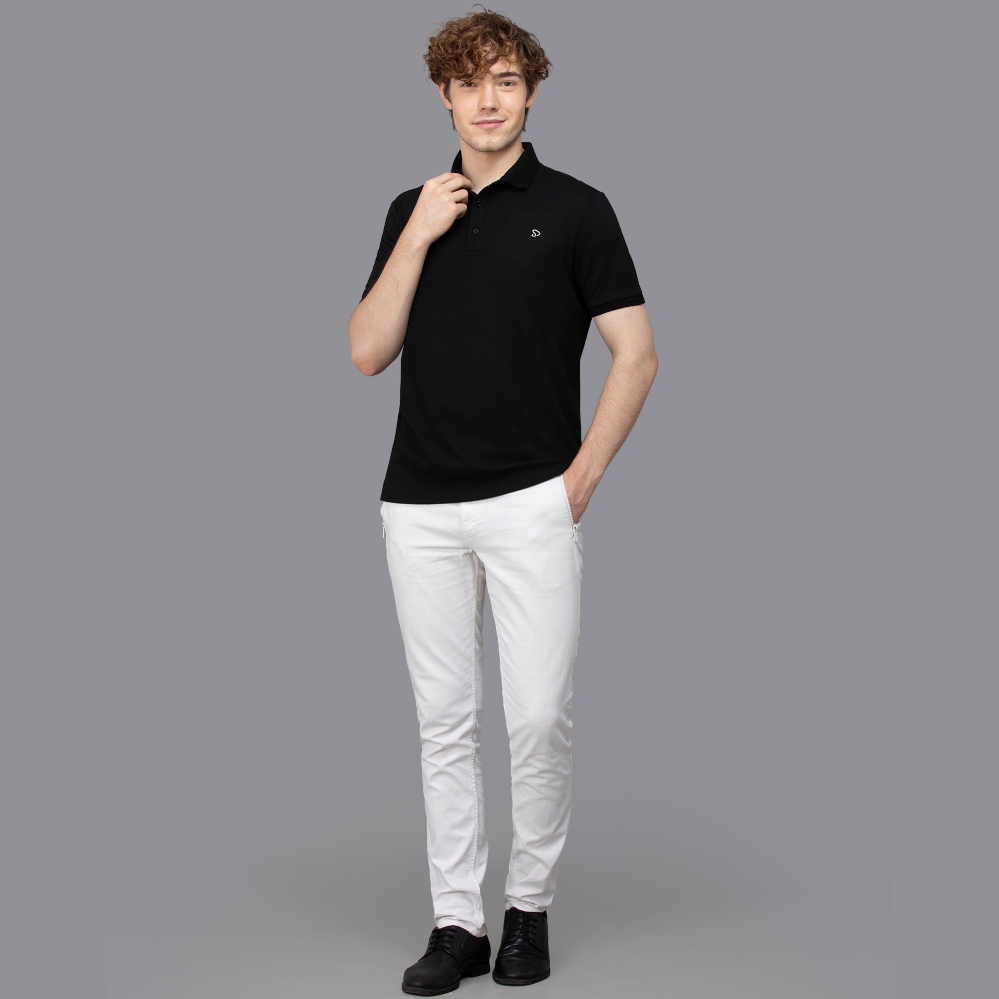 Sporto Men's Anti Wrinkle Popcorn Solid Polo Black T-shirt