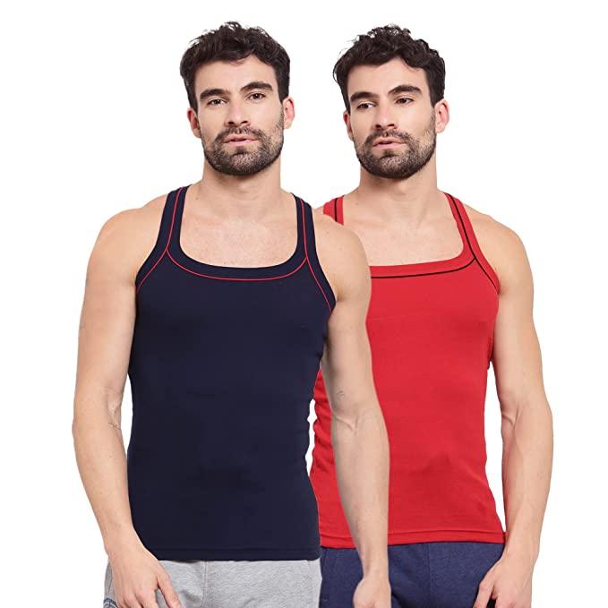 Sporto Men's 100% Cotton Gym Vest with Contrast Piping (Pack of 2)