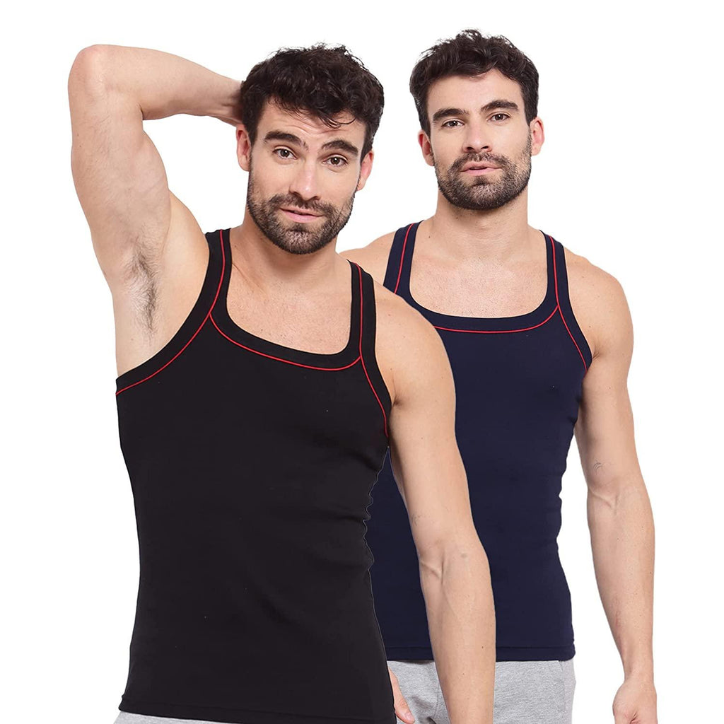 Sporto Men's 100% Cotton Gym Vest with Contrast Piping (Pack of 2)
