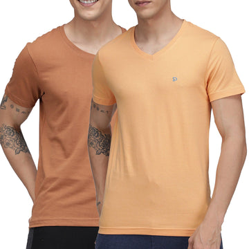 Sporto Men's V Neck T-Shirt - Pack of 2 [Brown Sugar & Peach Melange]