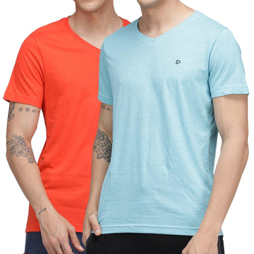 Sporto Men's V Neck T-Shirt - Pack of 2 [Tangerine & Aqua Jaspe]