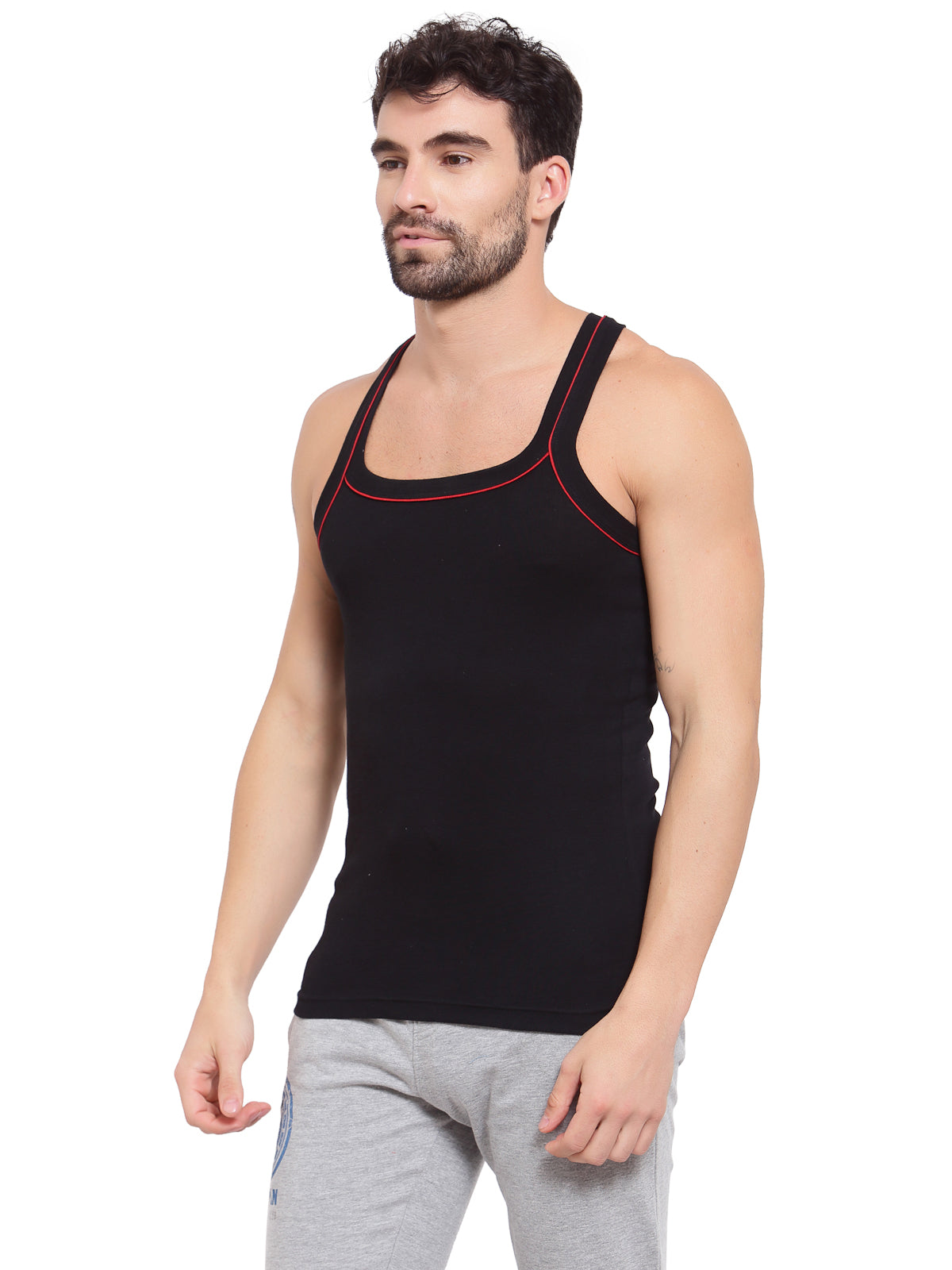 Sporto Men's 100% Cotton Gym Vest with Contrast Piping - Black