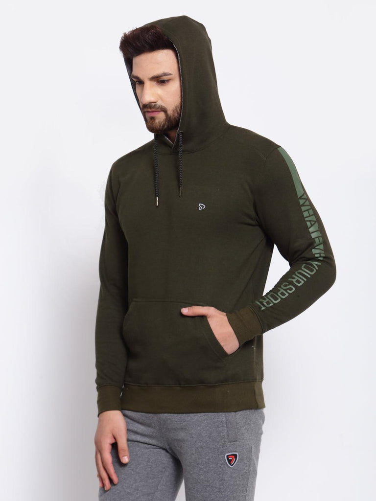 Sporto Hooded Sweatshirt with Contrast Shoulder Stripe and Raglan Sleeves, Olive Jaspe
