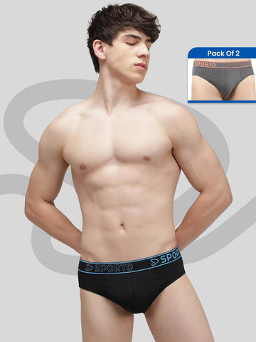 Sporto Men's Solid Cotton Brief (Pack Of 2) Black + Charcoal